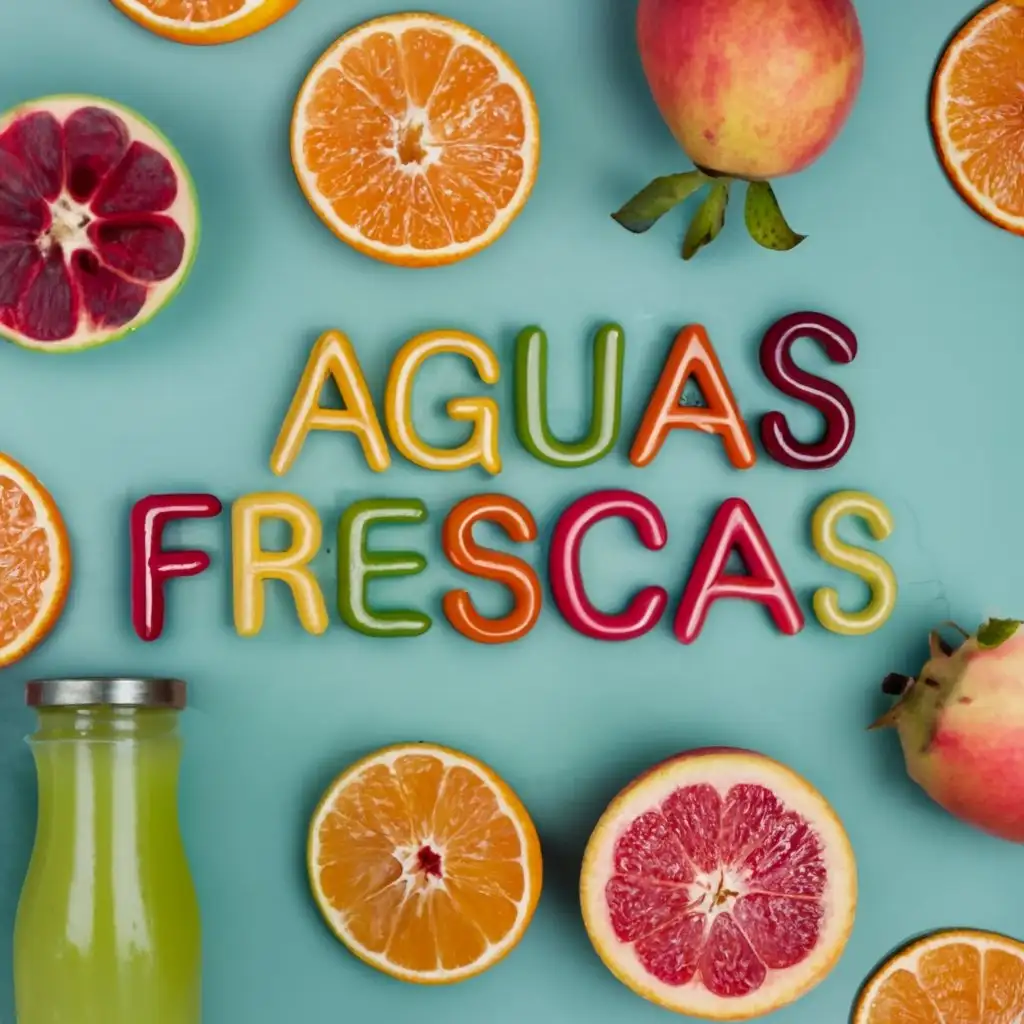 logo, colorful fruits, juice cups with straws, with the text "aguas frescas", typography