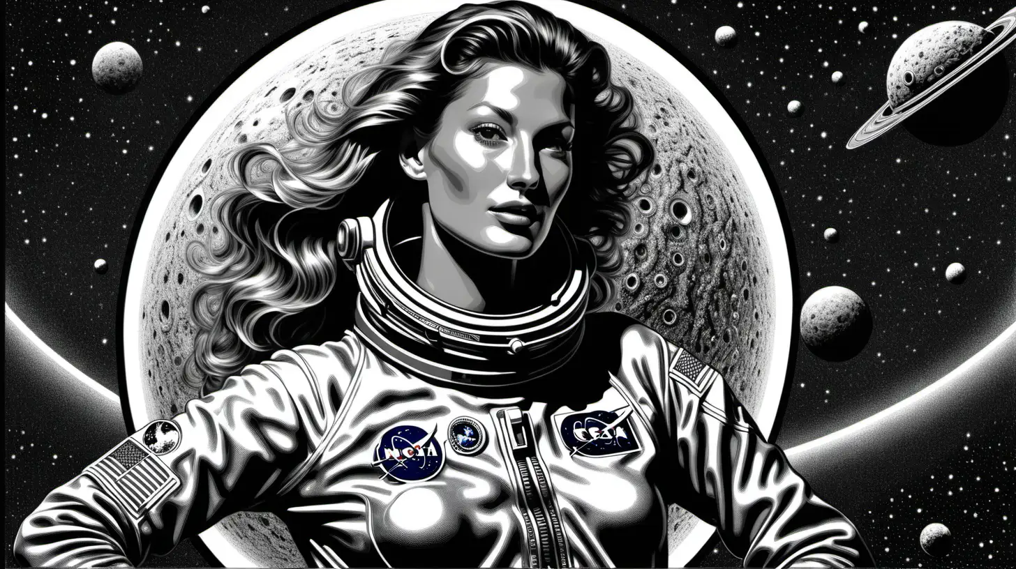 A portrait of Gisele bundchen in the style of Virgil Finlay, full body, astronaut on a planet