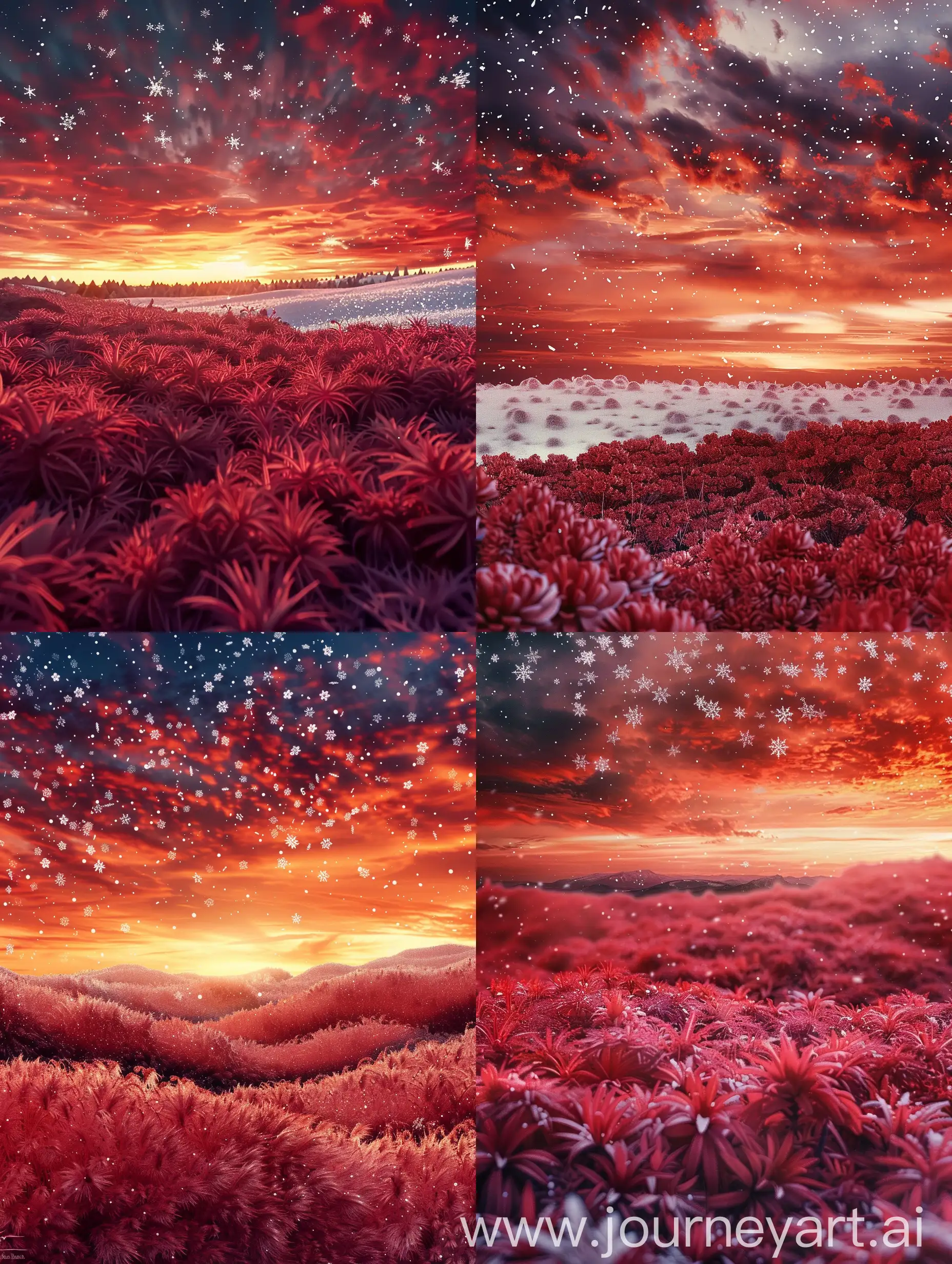  {"prompt":"A serene landscape at dusk featuring a sky painted with vibrant hues of red and orange, resembling a blazing sunset. The ground is covered with a dense layer of unusual, alien-like red flora, giving the impression of a soft, undulating carpet. Above the flowers, delicate snowflakes gently fall, adding a touch of wintry magic to the scene. This juxtaposition of warm and cold elements creates a surreal and enchanting atmosphere, where the viewer can almost feel the crispness of the snow contrasting with the warmth of the sunset.","size":"1024x1024"}
