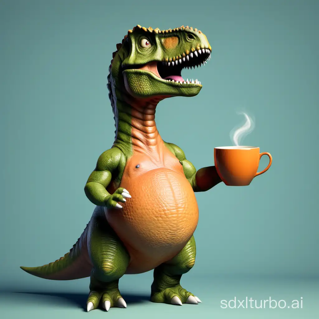 A dinosaur holding a cup of tea in his hand