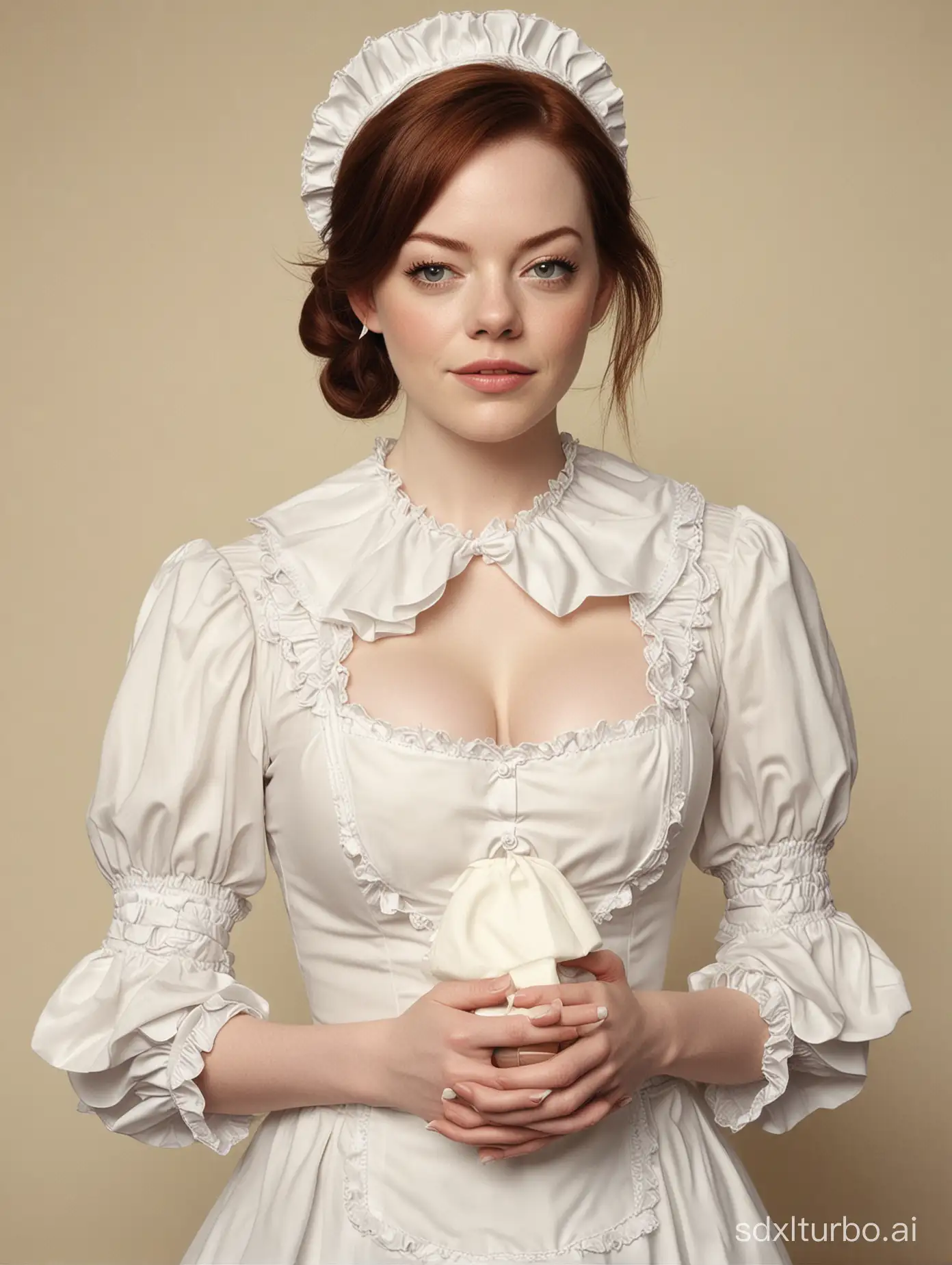 1 woman,like  Emma stone, huge breast，upper body, sexy, maid outfit Photograph by Loretta Lux
