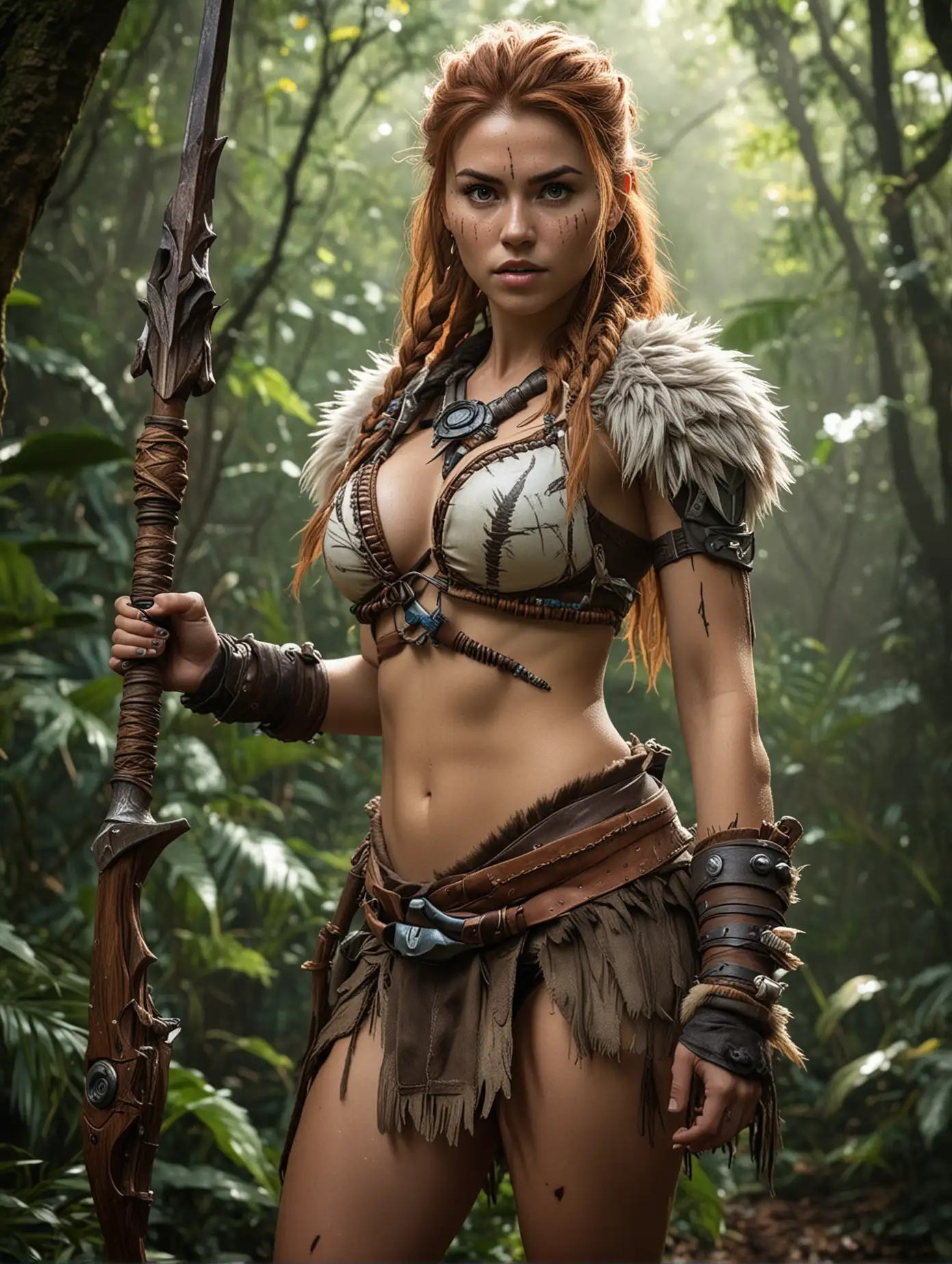 Aloy wearing a Horizon Forbidden west techno cosplay outfit, hunting in the jungle, holding a spear, large natural shaped breasts, topless, fur, machine parts, cleavage, random details, imperfection, sweaty skin, perspiration, skin texture, skin pores, freckles on nose and cheeks, perfect legs, ab muscles, dark vignette