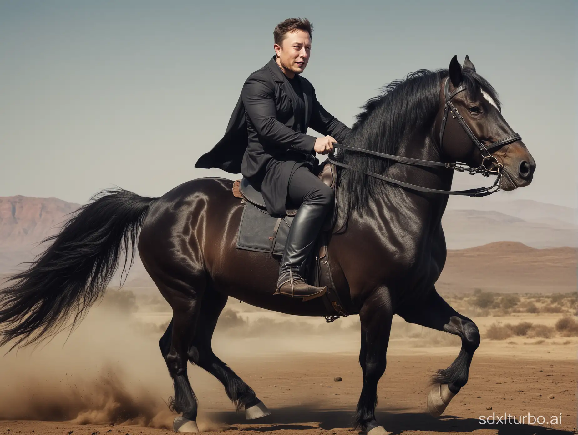 Elon musk riding A black horse