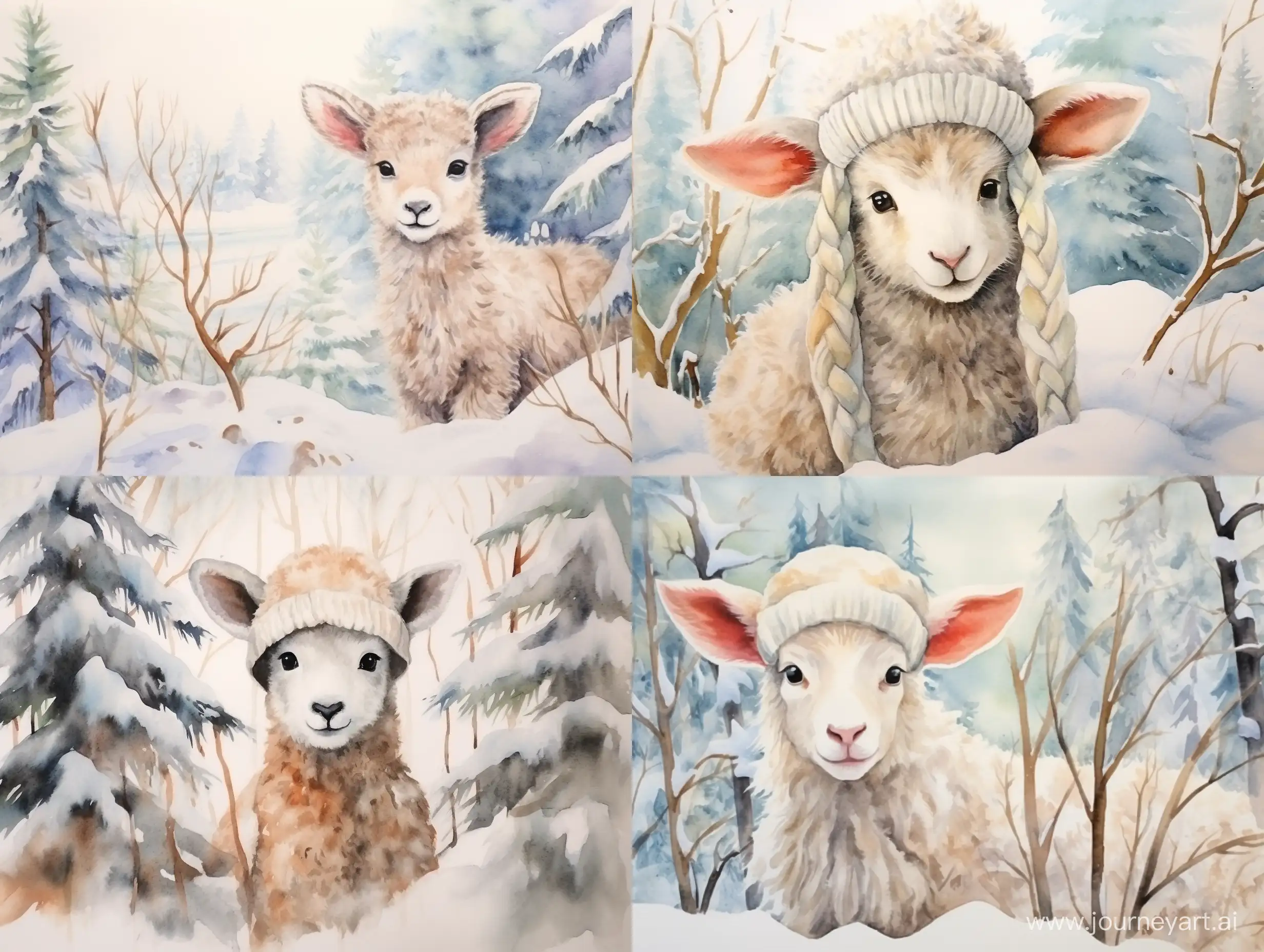 Adorable-Lamb-Wearing-Winter-Hat-in-Enchanting-Winter-Forest-Watercolor
