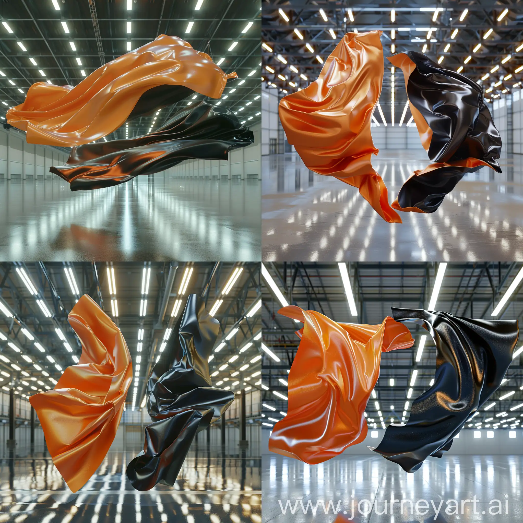 (two) silky fabrics of glossy orange and black color levitating about 4 meters in a big hall with rows of light on the ceiling, the ground floor is highly reflective, the camera is looking up from the bottom from 25 meter distance, photo realistic, high resolution, unreal quality