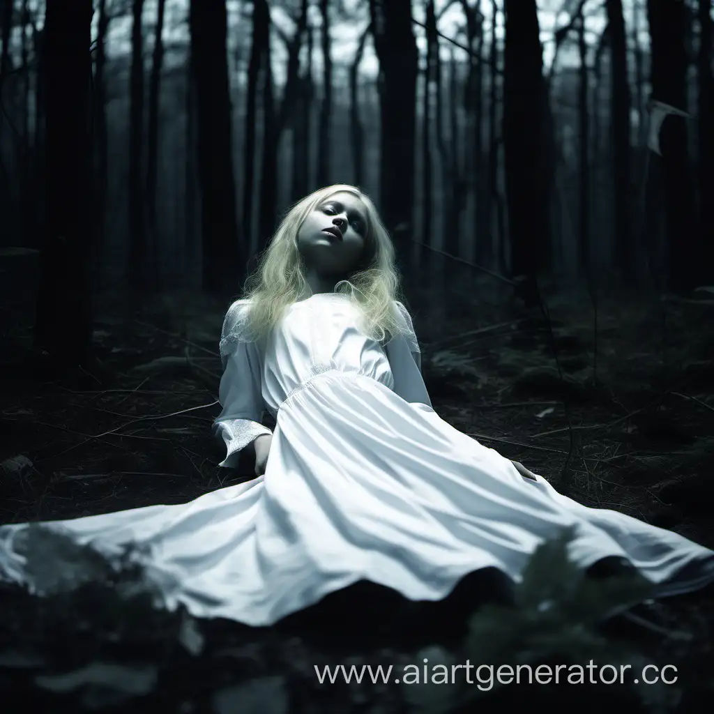 Мёртвая девочка 14 лет, с русыми волосами до плеч, белое пышное платье с длинным рукавом, лежит на земле в мрачном лесу совсем одна