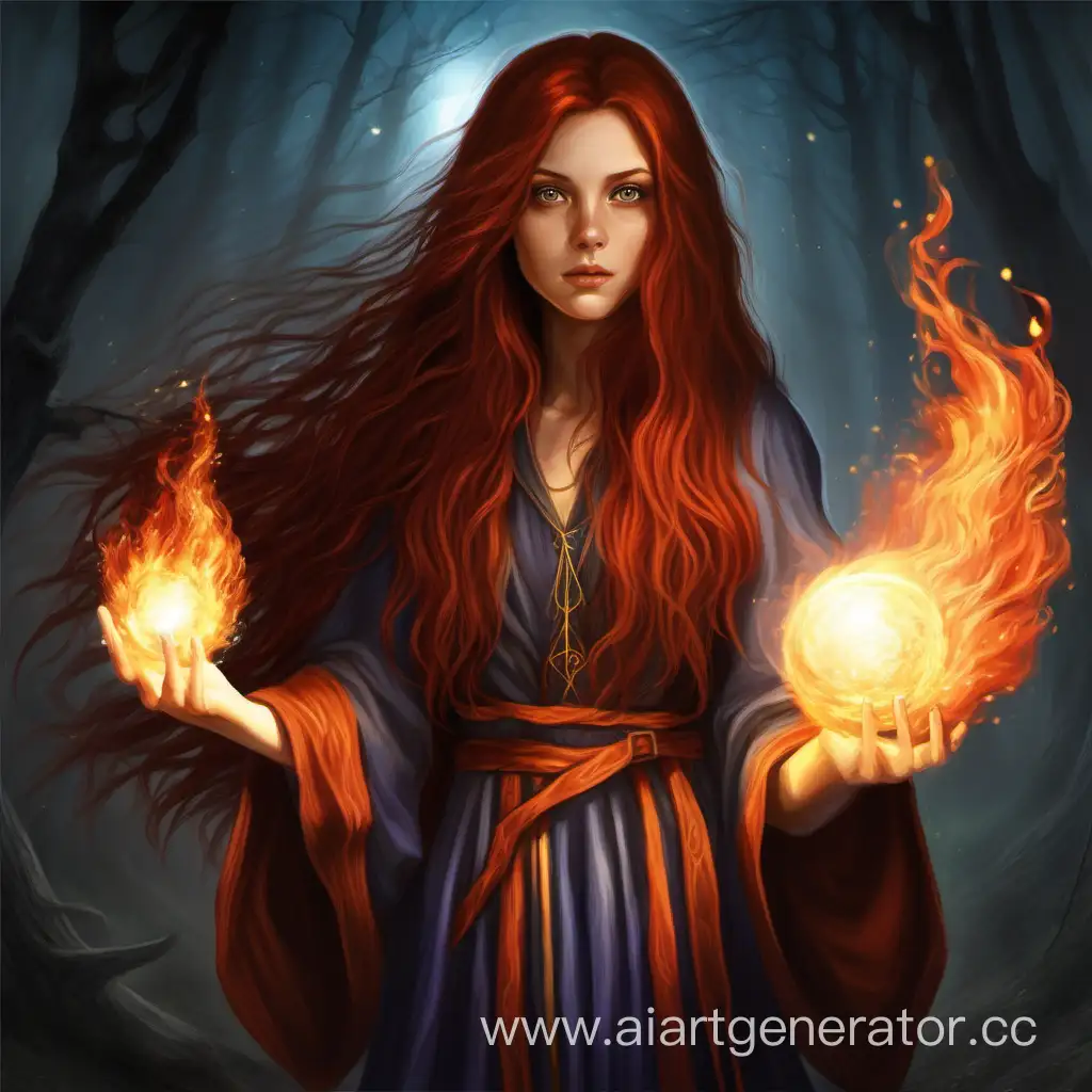 Молодая волшебница с длинными каштановыми волосами с огненным шаром в руках