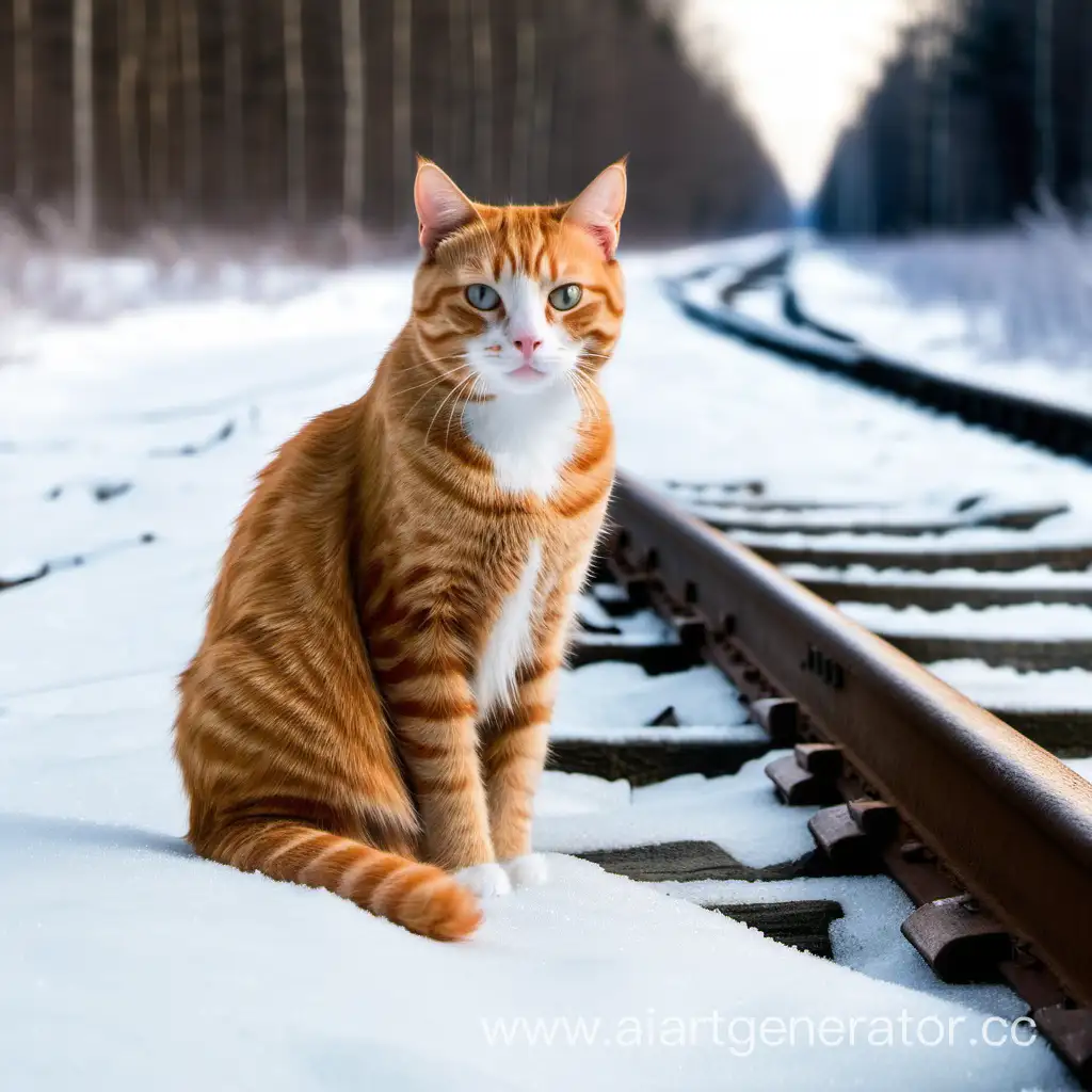 Рыжий молодой котик сидит около железнодорожных путей, которые проходят рядом с лесным массивом, лесополосой, на нём много снега, и он мёрзнет, замёрз