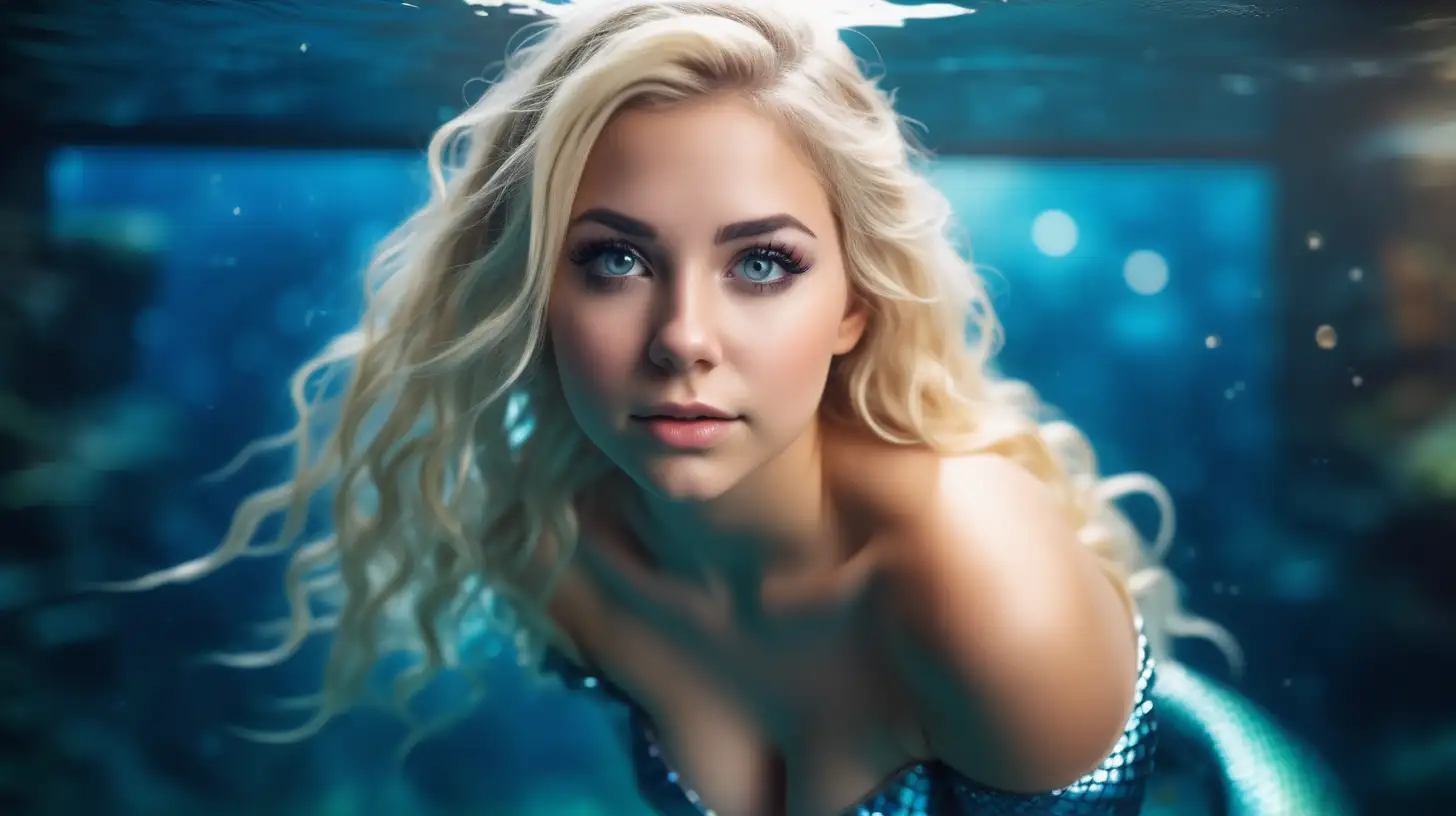 Beautiful Nordic woman, very attractive face, detailed eyes, big breasts, dark eye shadow, messy blonde hair, wearing an mermaid cosplay outfit, bokeh background, soft light on face, rim lighting, facing away from camera, looking back over her shoulder, swimming under water, photorealistic, very high detail, extra wide photo, full body photo, aerial photo