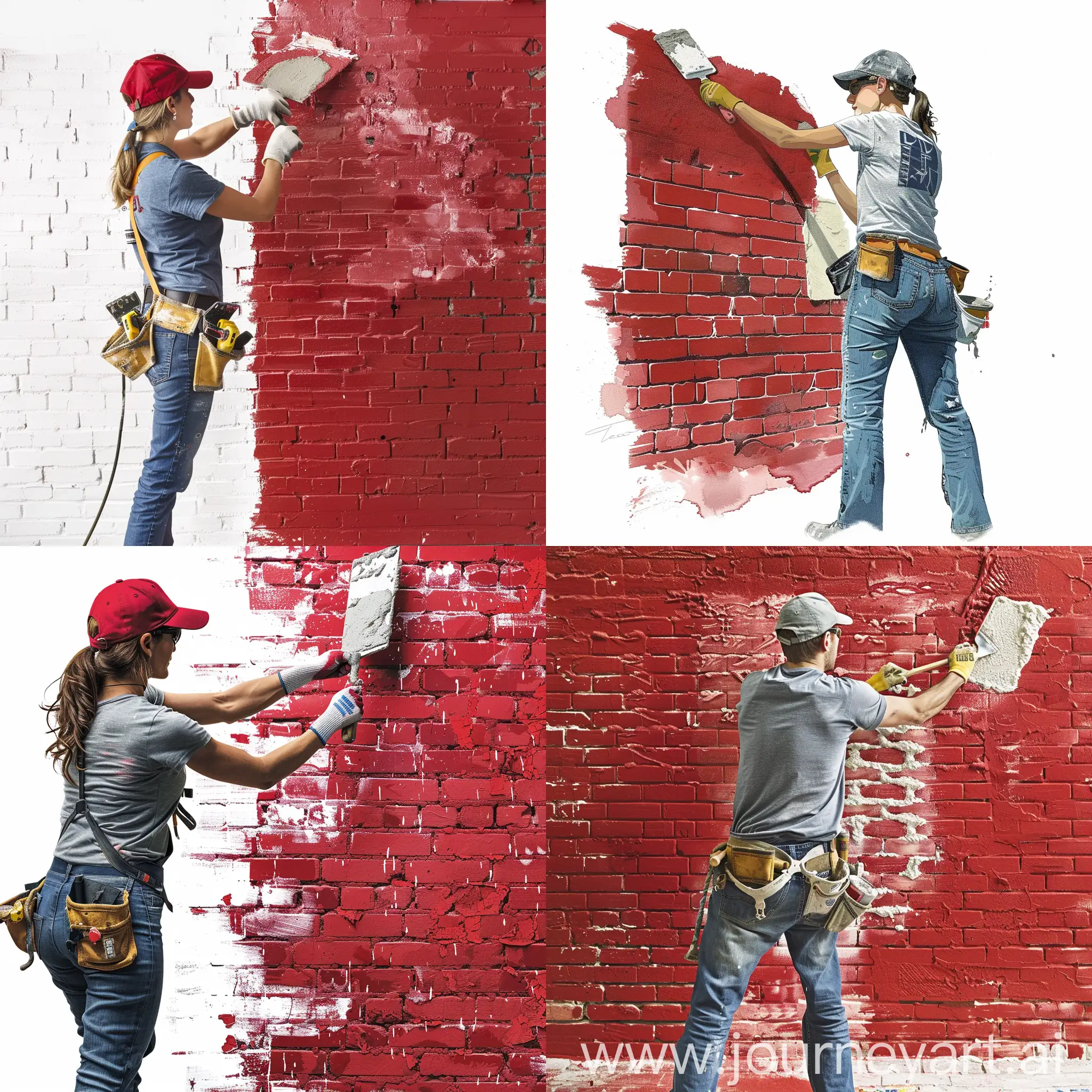 person applying plaster to a red brick wall, white background, high realism, dressed in work attire including jeans and a t-shirt, using a trowel, wearing safety gloves and a hat