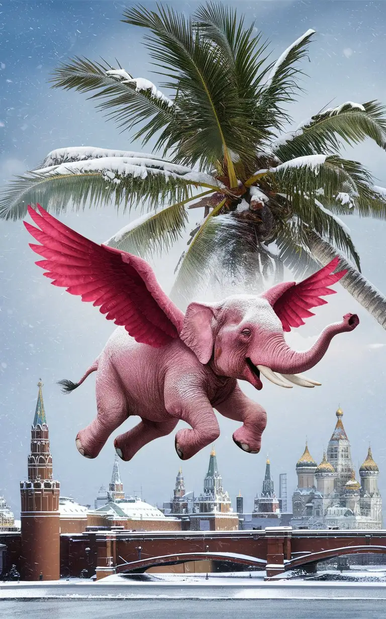 Flying-Pink-Hippo-with-Red-Wings-and-Coconut-Palm-in-Moscow-Snow