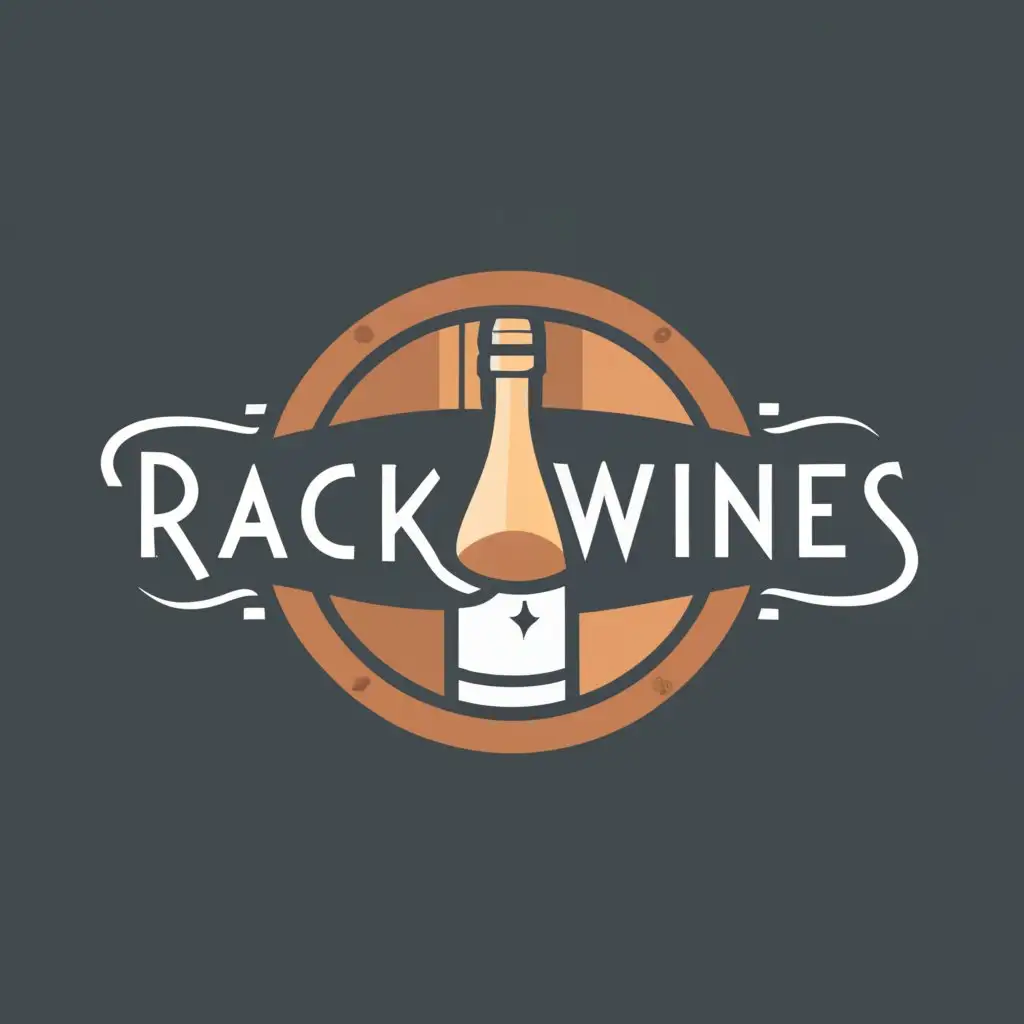 logo, A wine bottle sitting on a support surrounded by a wine barrel. The word Rackwines typography, with the text "Rackwines", typography, be used in Retail industry.