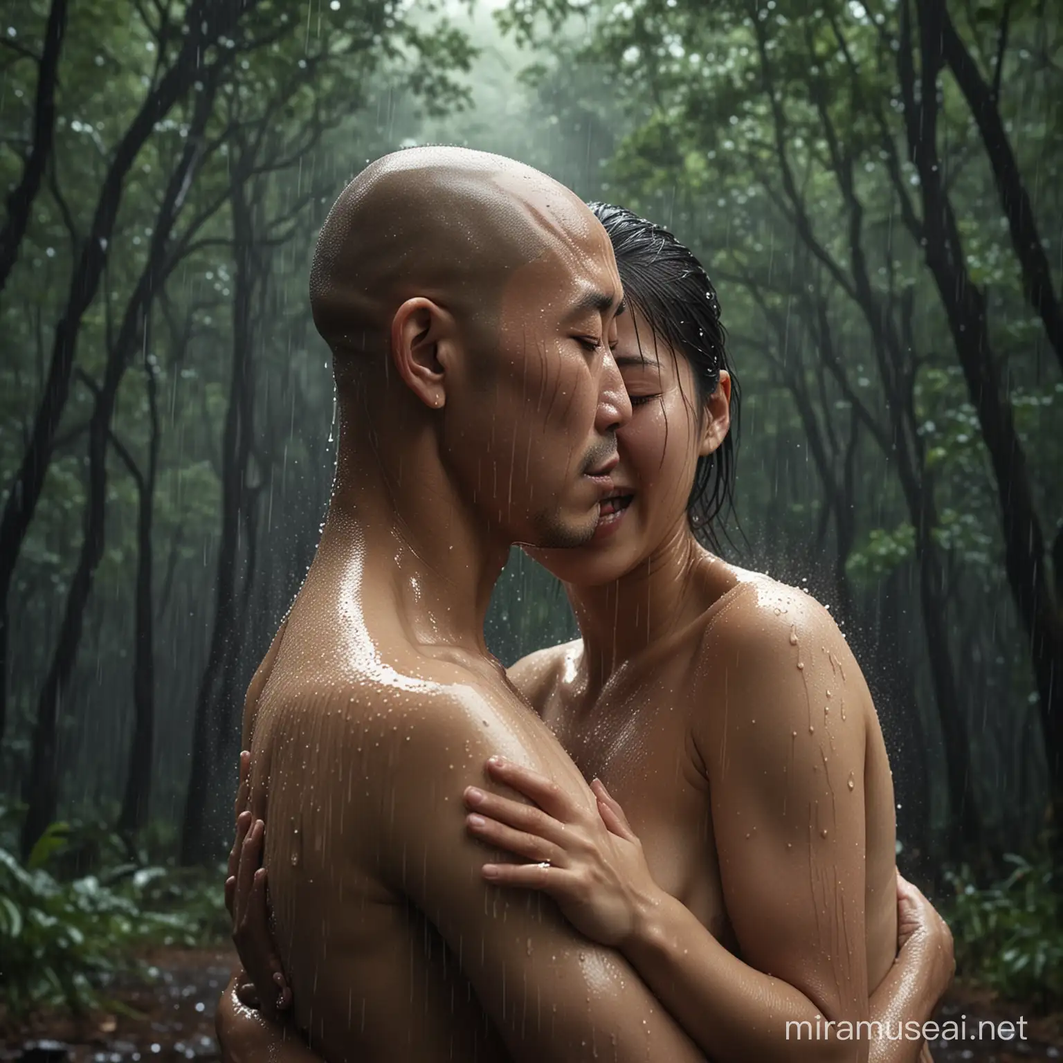 realistic photo, two romantic couple, a japan young girl, naked, cry, closing her eyes, face facing upwards. (behind her back there is an indonesian young man, bald head, hugging her).hyperrealistic, rain, wet, in a slam area, in the forest, intricately detailed, cinematic lighting, sharp fokus.