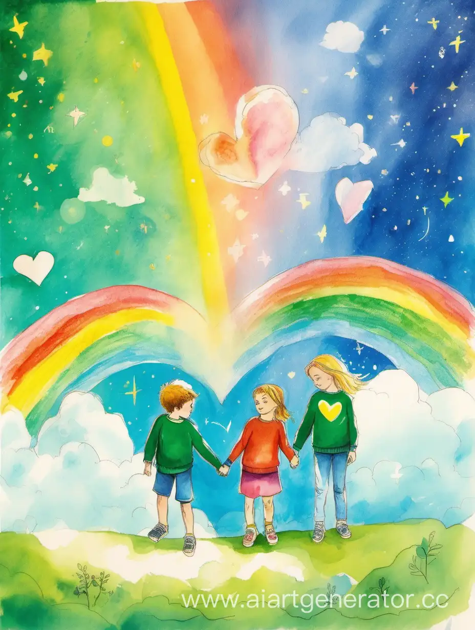   детский рисунок гуашью,  два ребенка девочка в зеленой кофте и мальчик в голубой кофте держатся за руки стоят на белом облаке сзади радуга и  отдельно планета земля ввиде сердца
