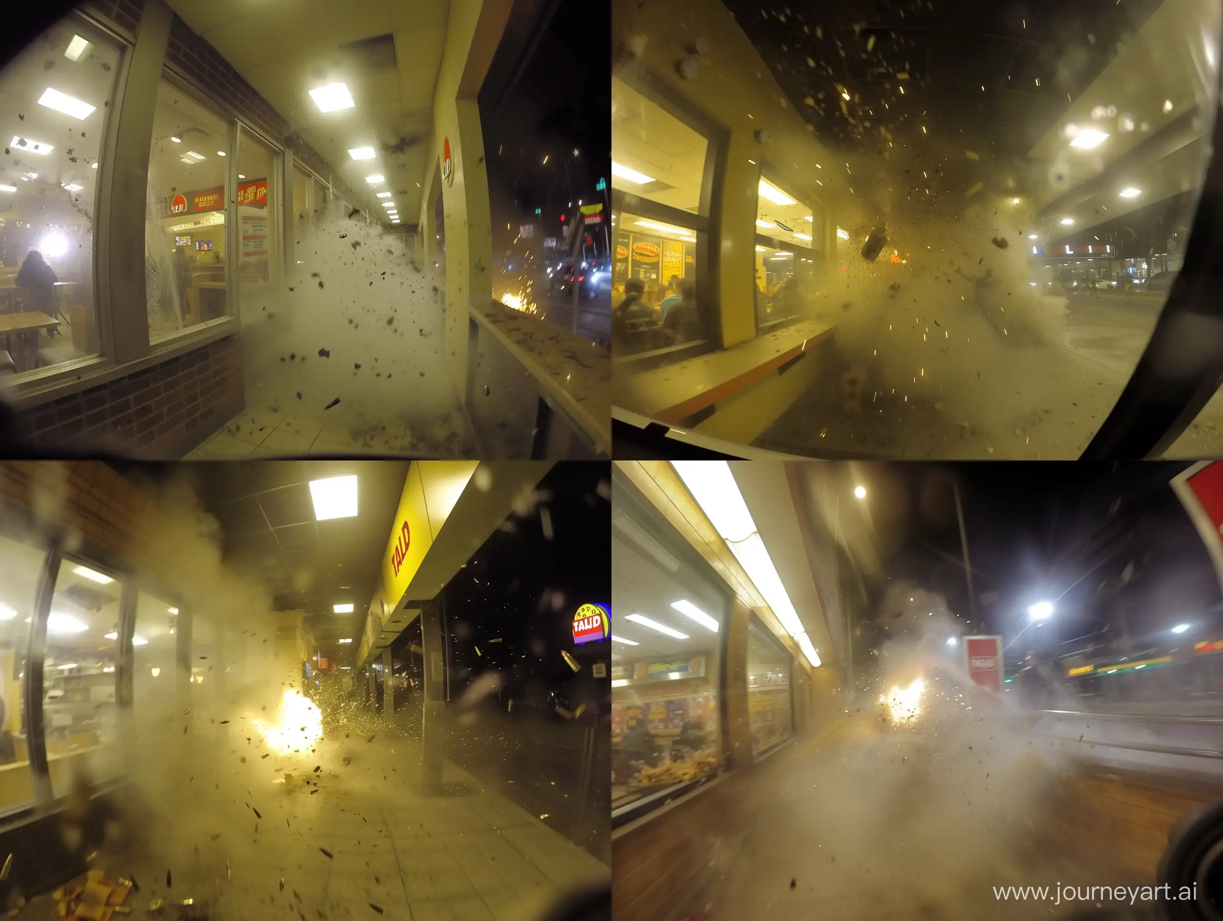 gopro footage of a gunfight inside a taco bell restaurant, pov, running, fighting, night, blurry, shaky, muzzle flash, smoke, debris