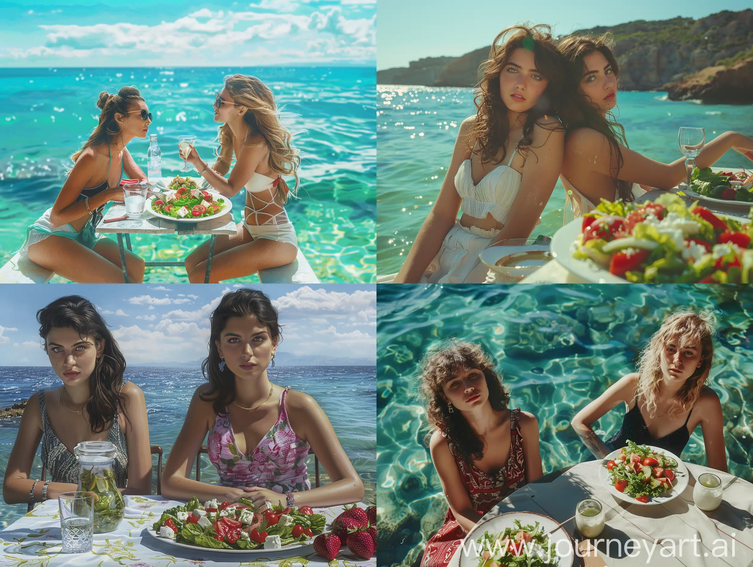 Hyper realistic image of two  25 year old wome sitting on a table, Greek salad by the crystal clear  sea . 