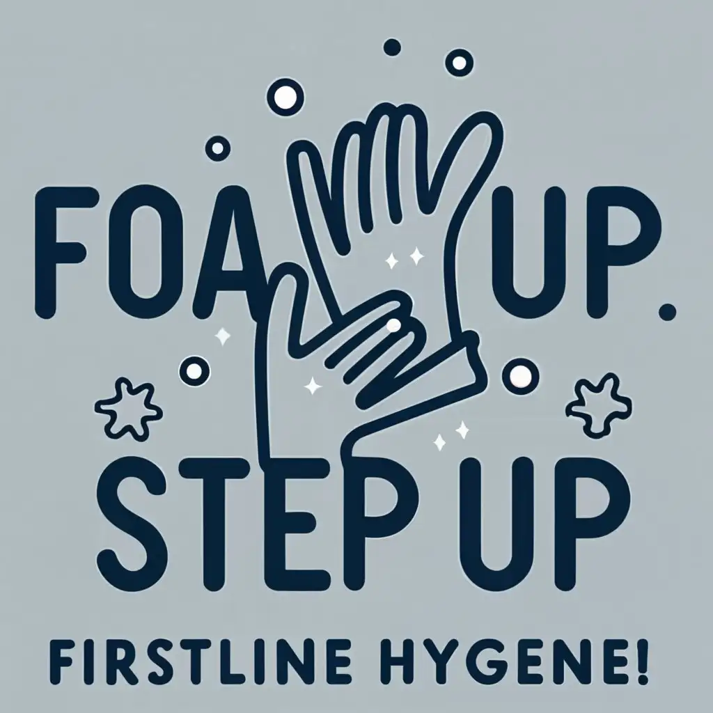 logo, Hand Hygeine, with the text "Foam up, Glove up, Step up! Firstline Hygiene", typography, be used in Medical Dental industry