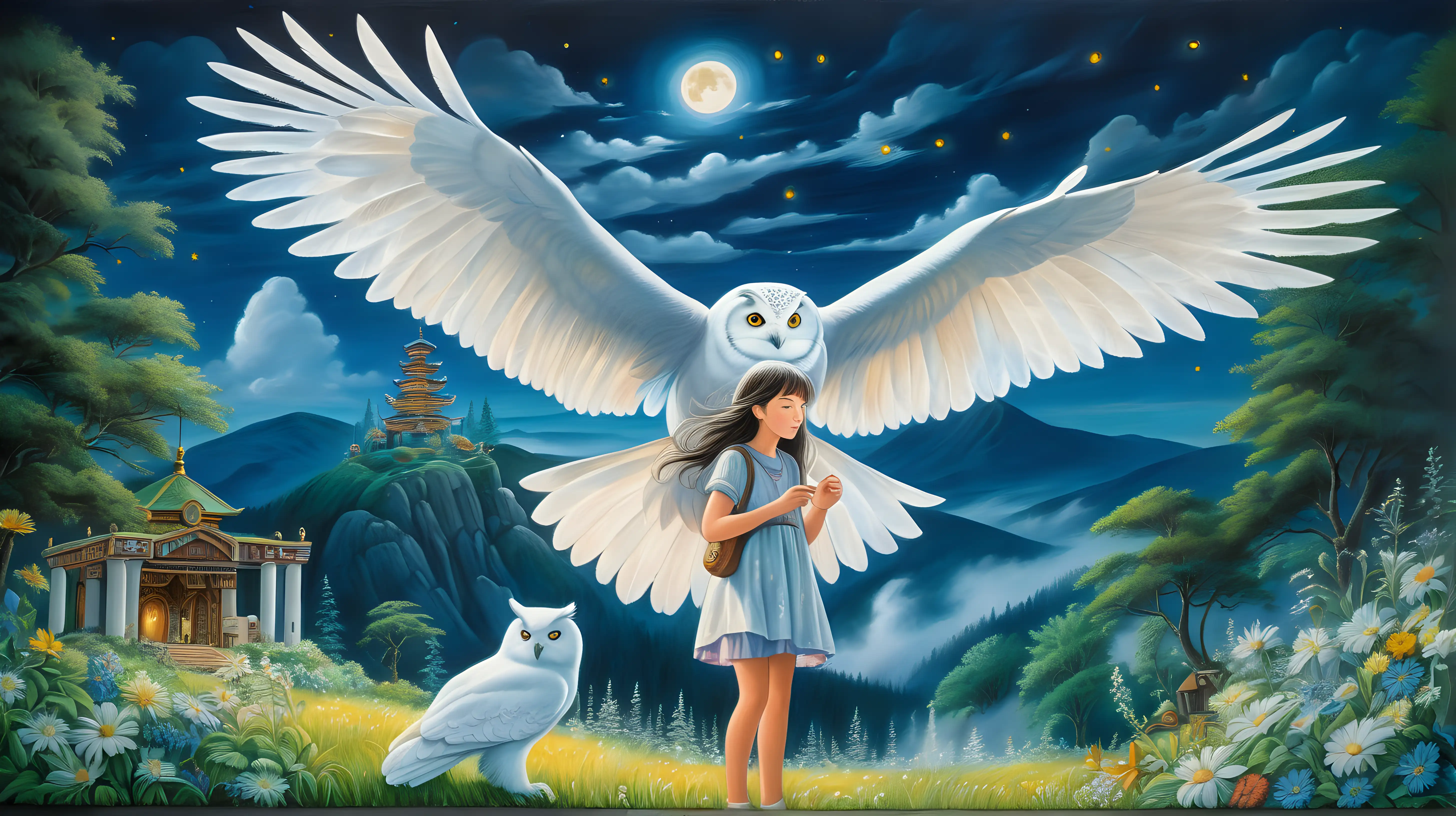 Enchanting SilverHaired Girl with Owl in GhibliInspired Forest