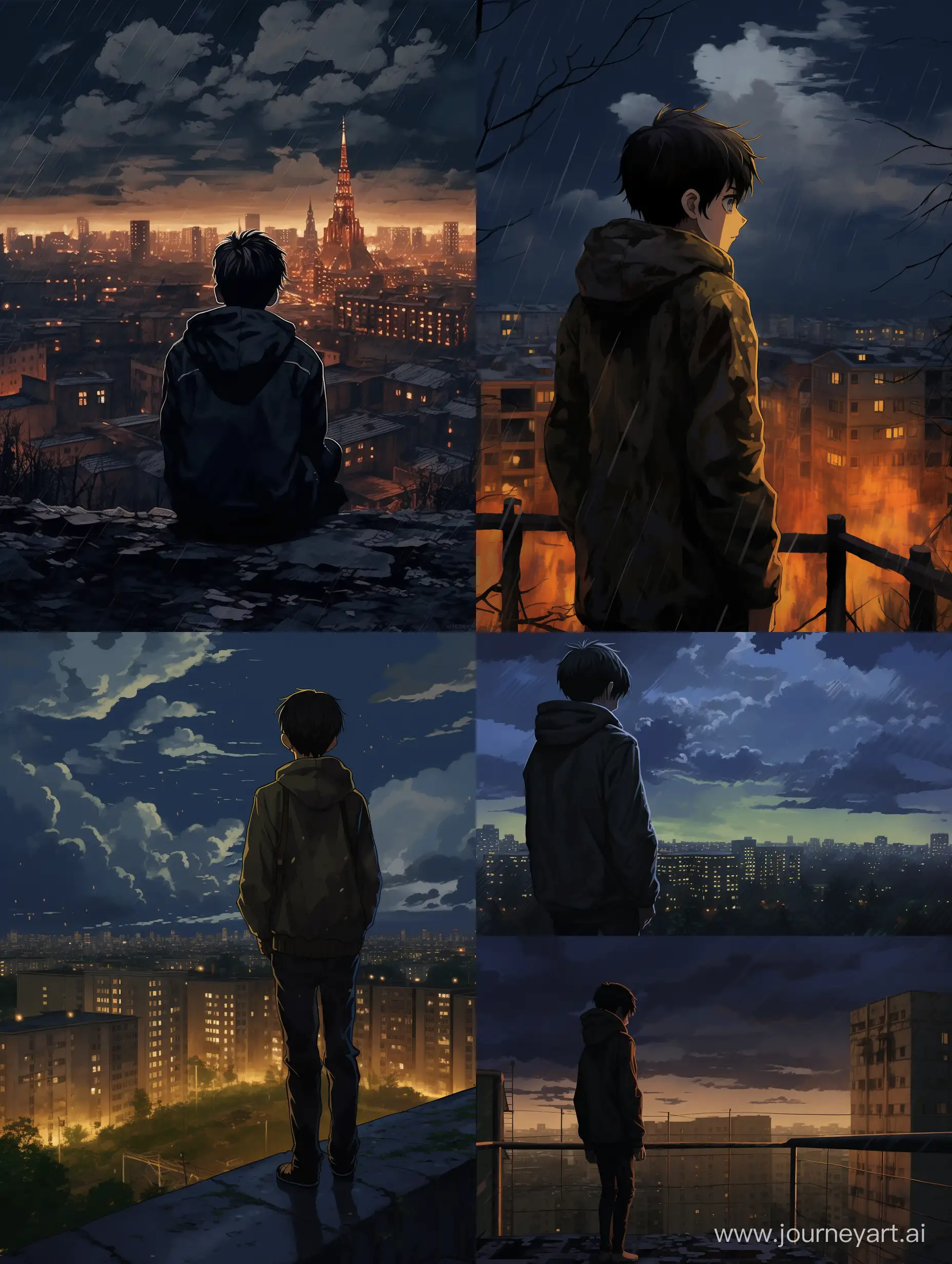 the boy 12 years old, anime style, on the left and right are Russian high-rises houses like in the Soviet Union, standing back, anime, dark grey skies, poverty, high-detailed, it's raining and snowing, sad atmosphere, night.