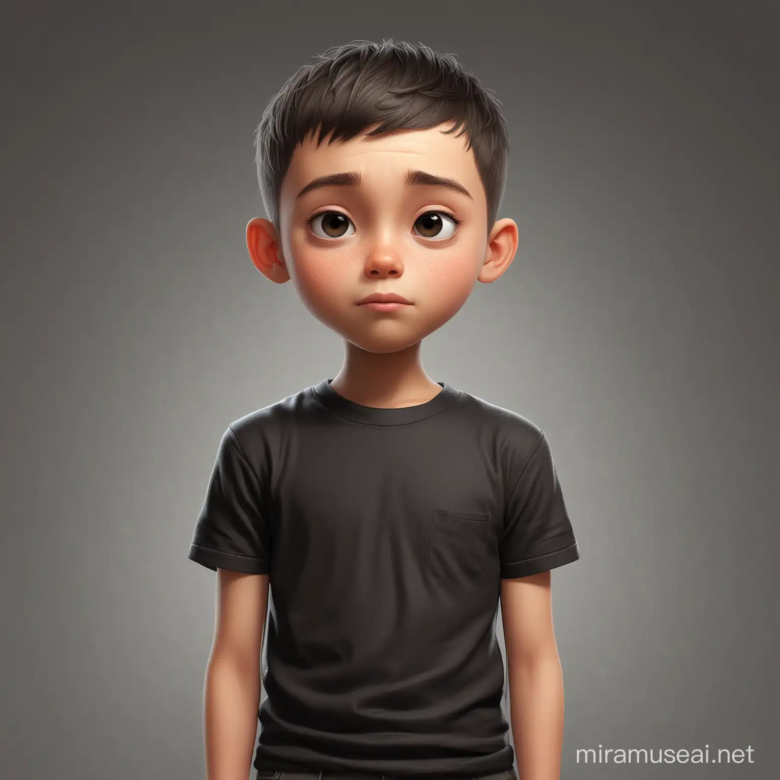 A male kid have 11 years old , closing his eyes to try to think focus , have a dark buzz cut hair , small dark black eyes, round face , light skin , black t-shirt, show the full body of him. cartoon type .
