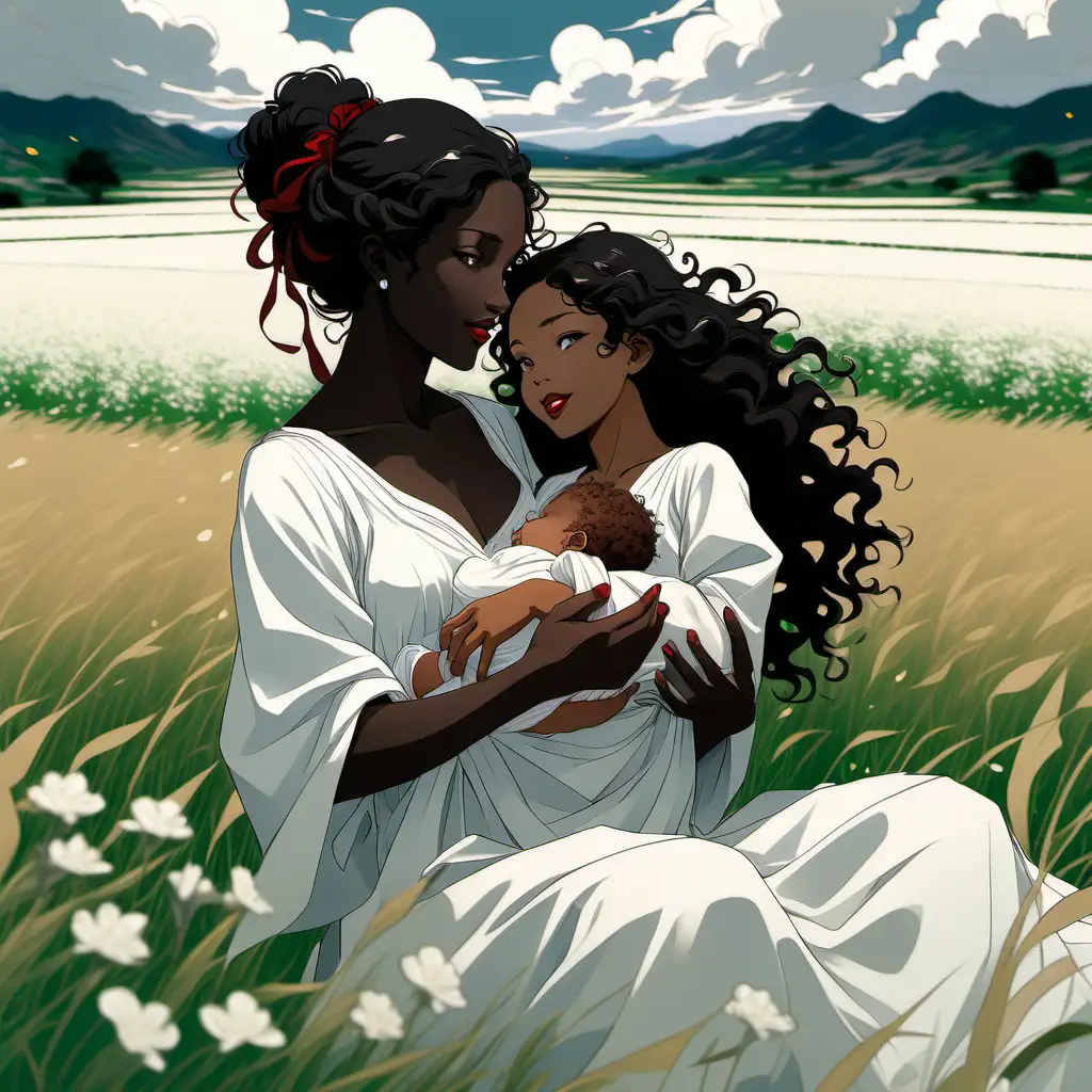 CHARACTER IN BACKGROUND] Anime Silhouette, joyful looking, Woman strands in rolling grassy fields of pale white flowers gazing happily down at a bundled infant in her arms, white grecian attire(ethereal long black wild curly hair, caramel skin, red lips, grey eyes) extremely detailed, ultra-sharp focus, perfect meshes and textures, highly accurate reflections, face drawn by the masterful artist Paul Gauguin, thin and soft lines --ar 2:3 --niji 5]