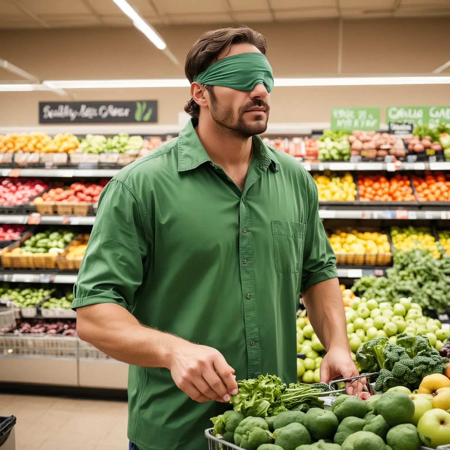 man wearing a green shirt picking out produce in the produce section of the grocery store with blindfold on