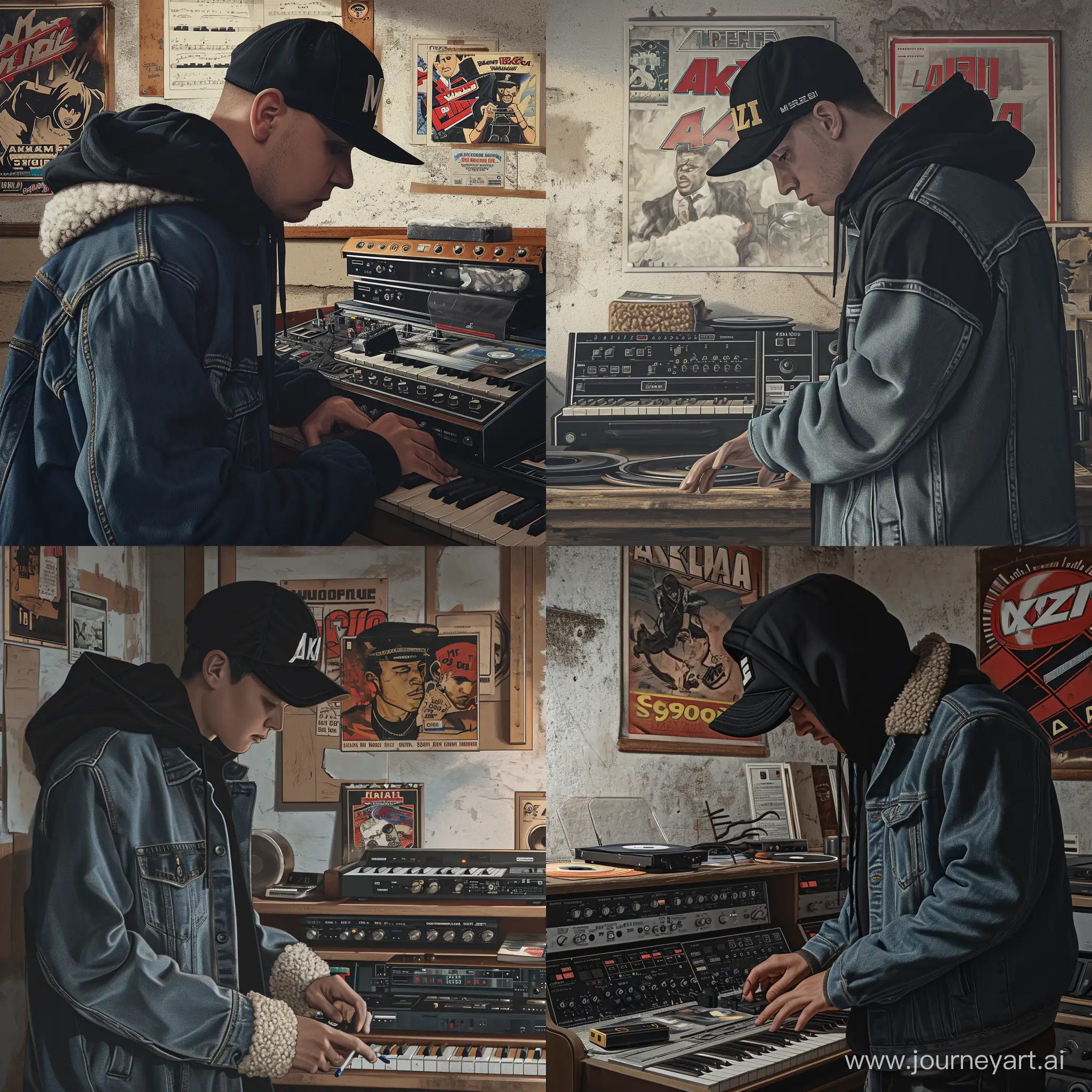"Frame by frame. Style: Hyperrealism. Character: A polish man (30) in a black hoodie (hood not worn on the head), black snapback cap, denim 'trucker' style jacket lined with sheep's wool. Environment: A dusty music studio in a basement, featuring akai music equipment and vinyl records and old comics posters on the wall. Action: The character is either creating music or listening to a recording on a cassette. Lighting and colors: Natural lighting suggesting cloudy skies, with a focus on earthy and neutral denim shades. Perspective and composition: Adhering to the golden ratio, focusing on the character and their interaction with the music equipment. Negative Prompt: No neon colors, other characters, unrelated objects, bright colors, elements of fantasy or surrealism. Additional information: To be used as a hip-hop album cover, capturing an atmosphere of concentration and passion for music. Tags: #hiphop, #musicproduction, #akai, #studio, #mixtape. Notes: Emphasis on the details of the clothing and authenticity of the music equipment.