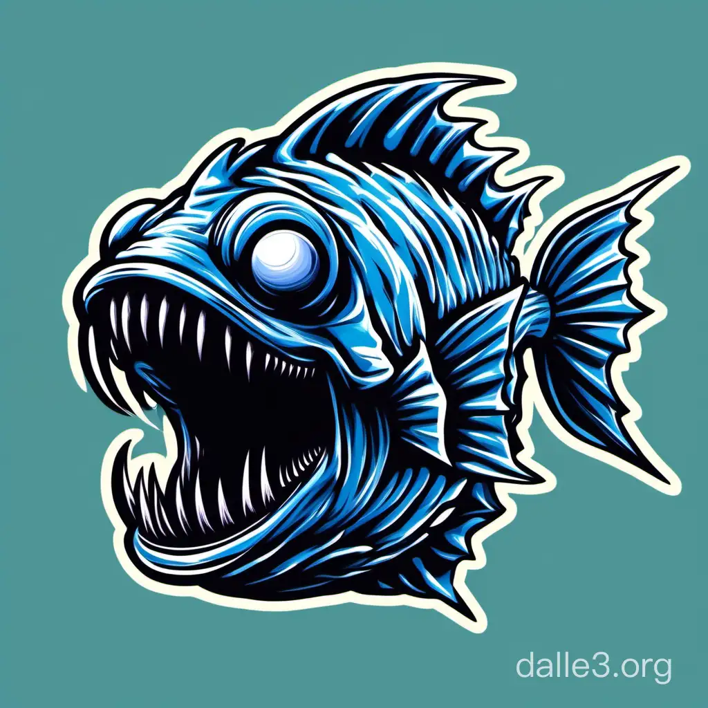 Blue Angler fish mouth open with big sharp teeth, 2d, logo, full of details 