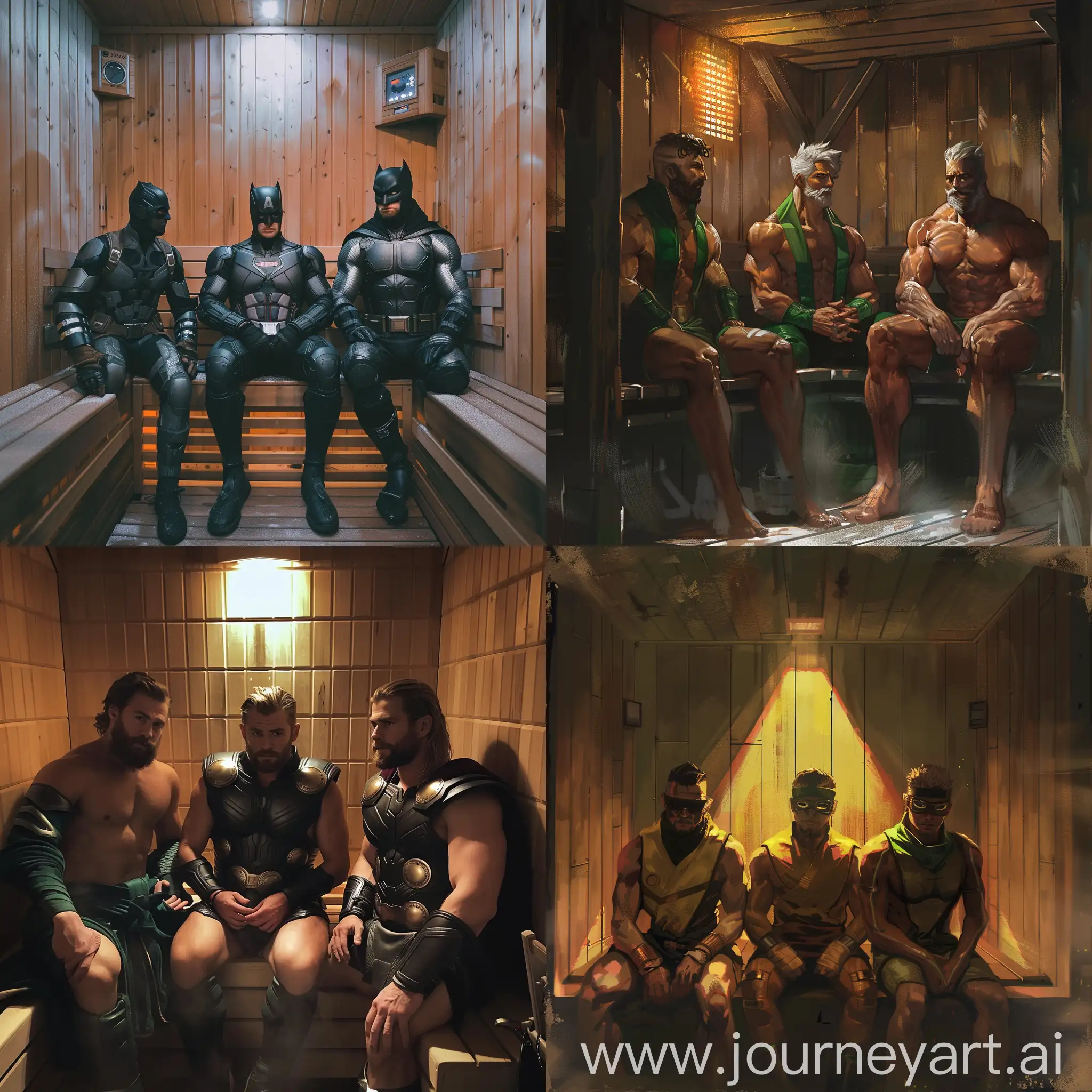 Three-Heroes-Relaxing-in-a-Sauna-Spa