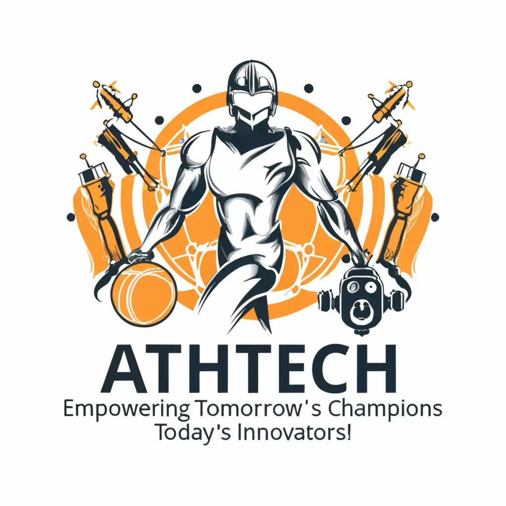 a logo design, with the text 'ATHTECH: EMPOWERING TOMORROW'S CHAMPIONS, TODAY'S INNOVATORS!', main symbol: athletes, sports, robot, technology, Moderate, clear background correct the spelling of slogan given in logo