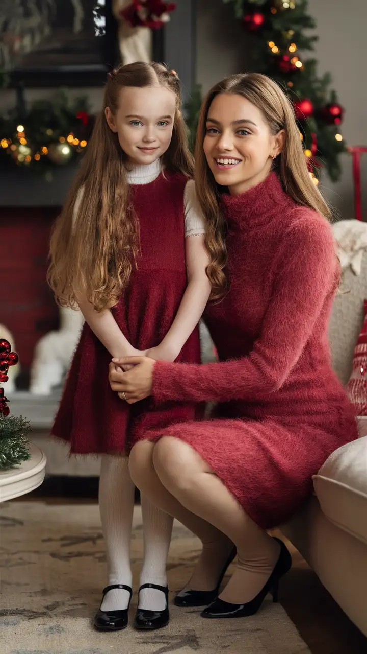 Mother and Daughter Modeling Red Mohair Turtleneck Dresses in 1990s Christmas Living Room