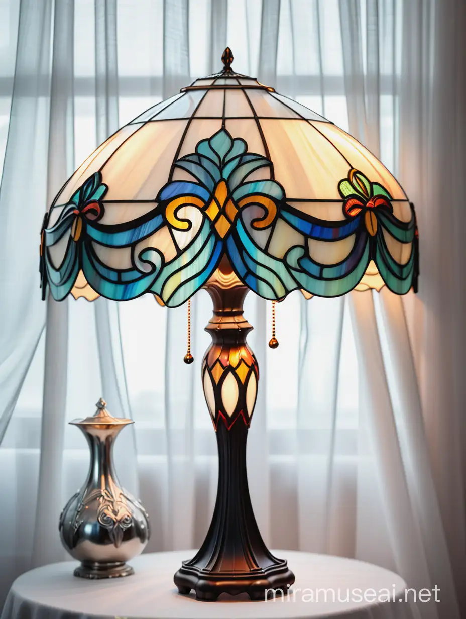лампа тиффани из цветного стекла стоит на столе на фоне штор из белой органзы
