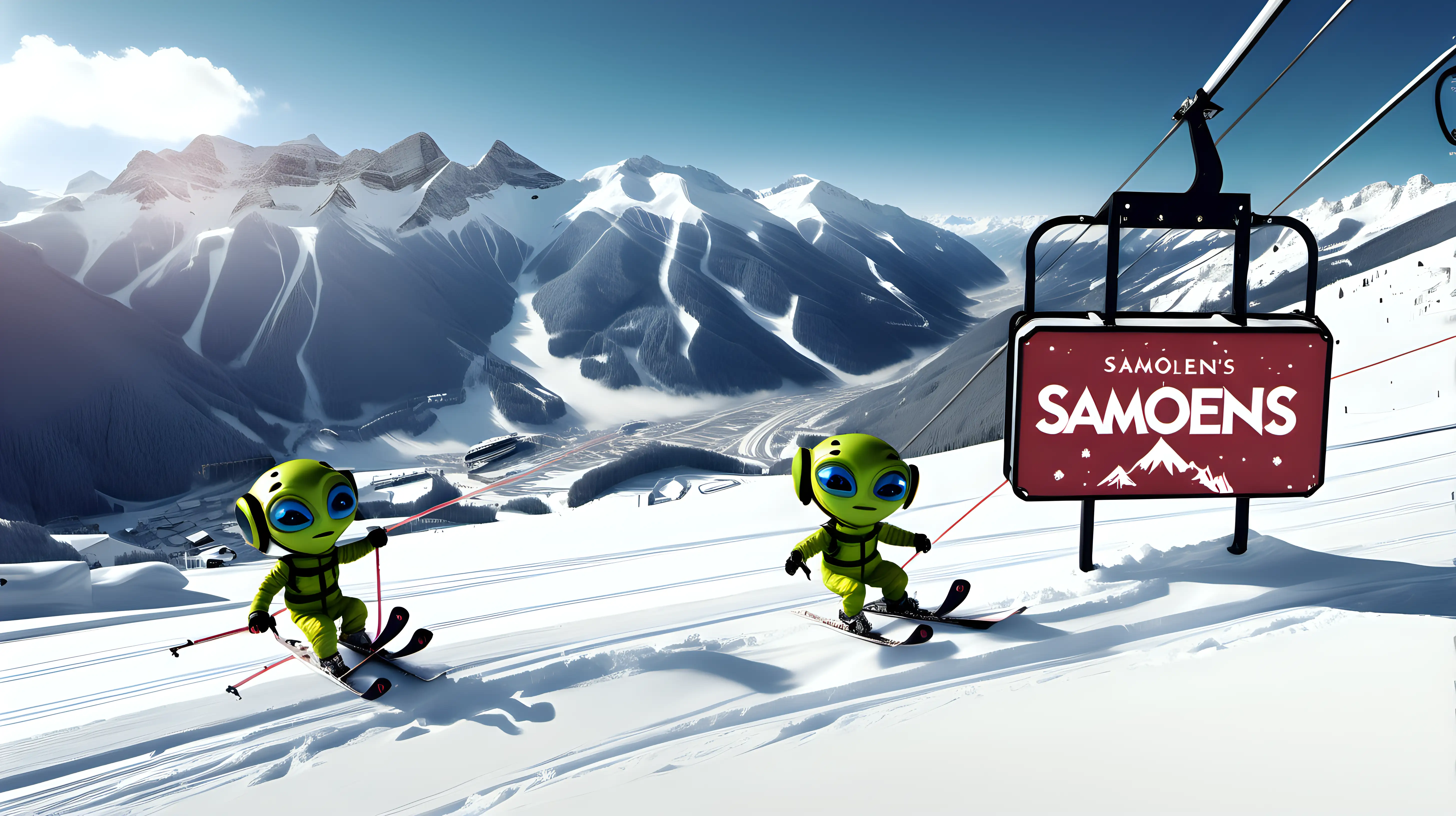 petits aliens qui font du snow sur une piste avec un panneau SAMOENS et un téléphérique