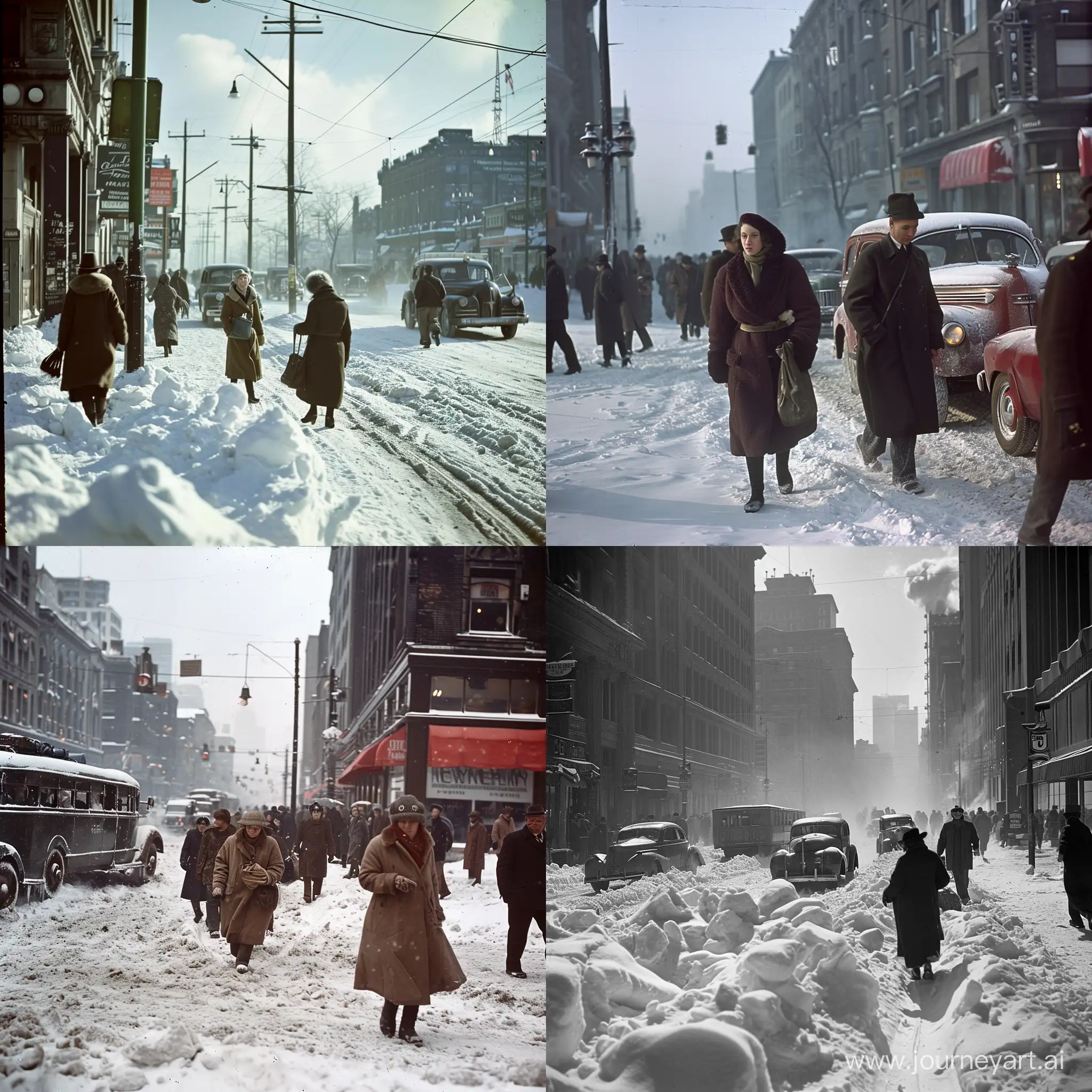 Hard winter in Canada in 1944 and people walking in the street