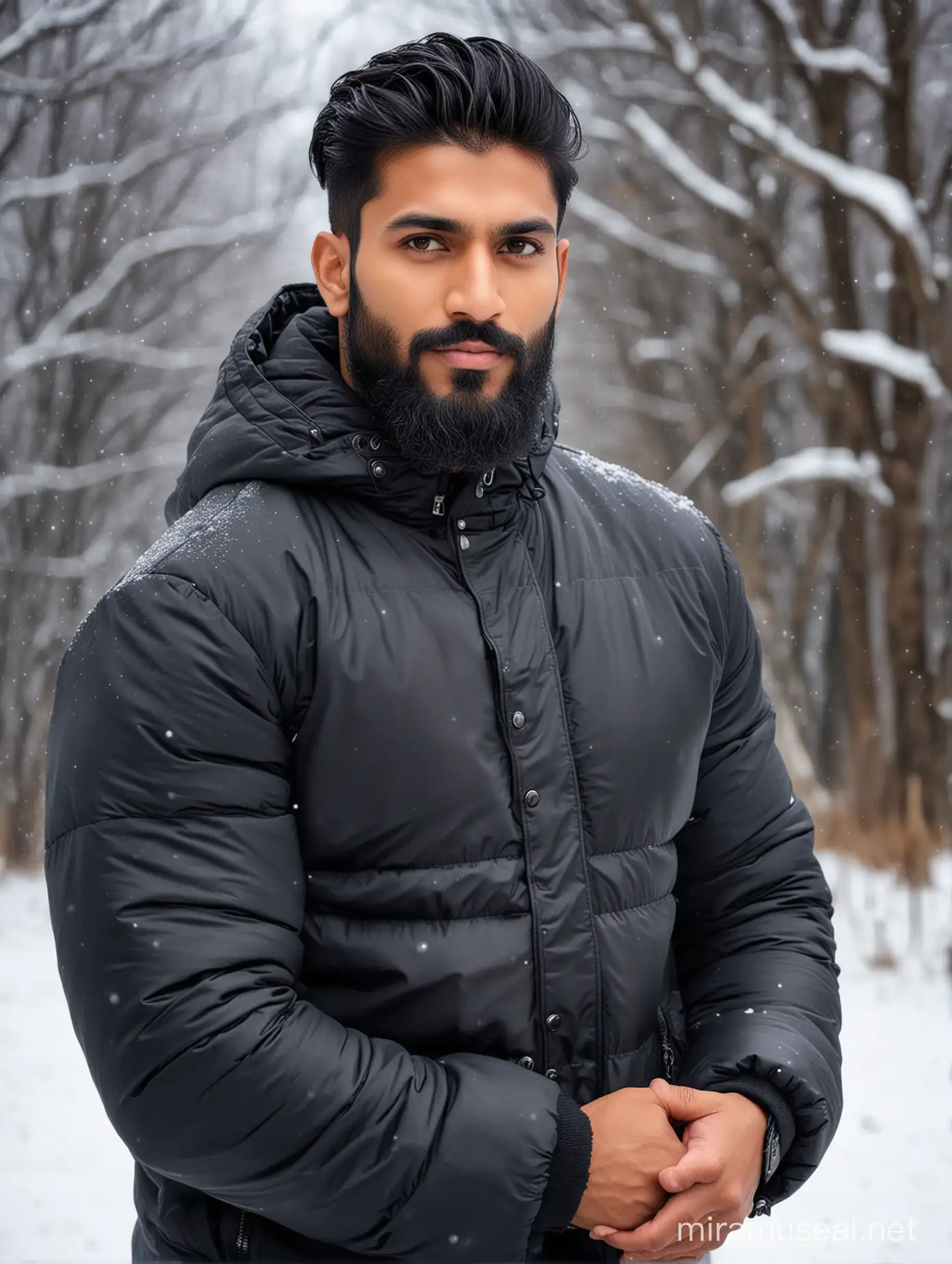 Tall and handsome muscular Indian men with beautiful hairstyle and beard and Big wide shoulder in black puff jacket in snowy background 