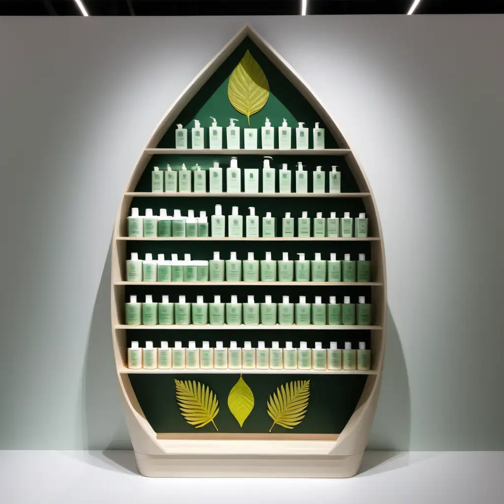 modern trade shampoo display. green natural palette. leaf shaped.