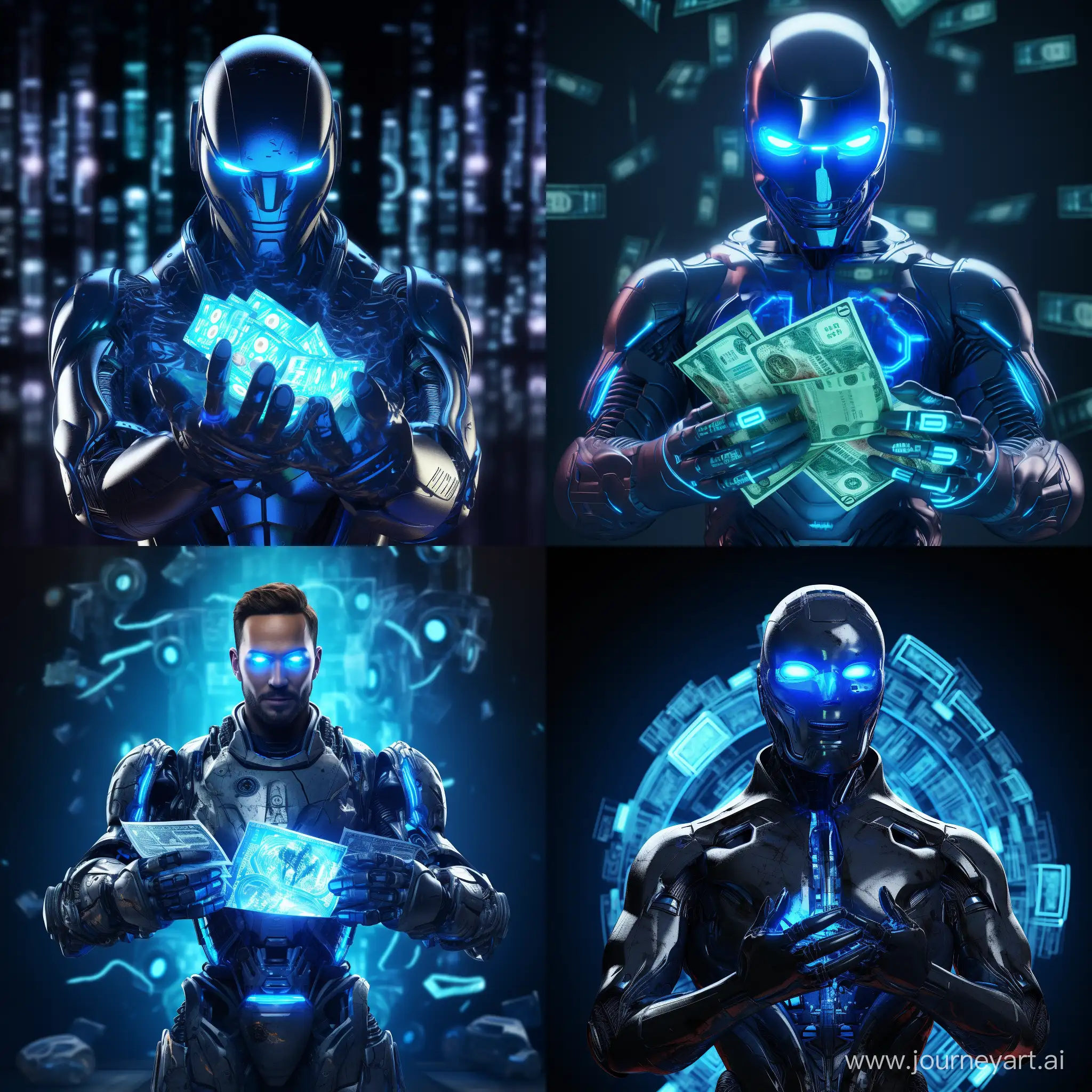 A human-like robot holds dollars in its hands 4k realism blue neon