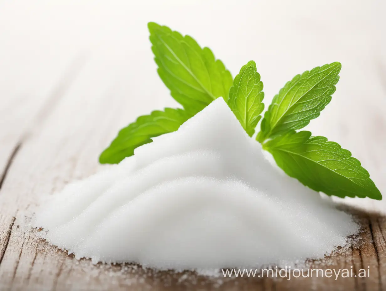 Hills of white sugar with stevia leaf on the top