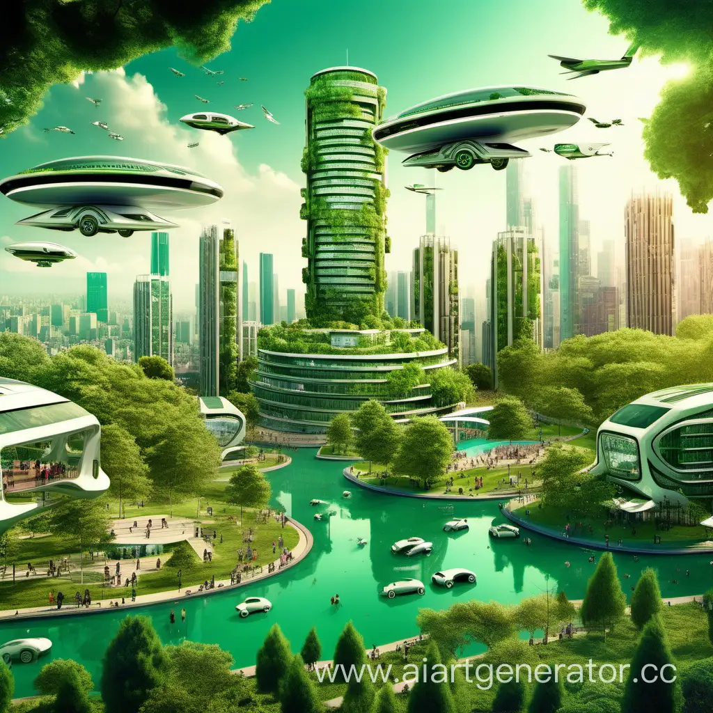 Мексика город будущего в зеленом лесу у озера с высокими зданиями и летающими автомобилями и счастливыми студентами