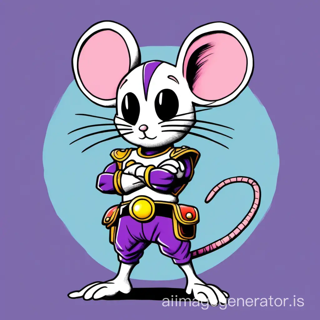Full body drawing of a mouse character wearing Frieza's battle uniform from Dragon Ball painted by Allie Brosh