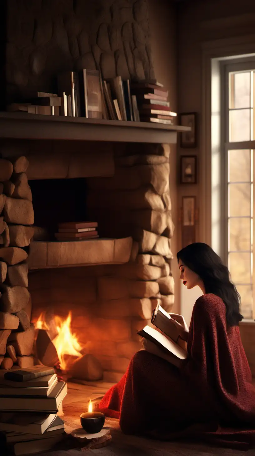 Capture the beauty of A DARK HAIRED, RED LIP women enjoying a serene morning by a cozy fireplace, surrounded by books and warm earth tones. Create a detailed and comforting scene that highlights shared moments of relaxation and introspection."