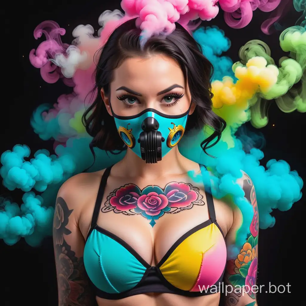huge colorful smoke bomb/bright light-up face mask/ sexy tattooed gangster pin-up girl