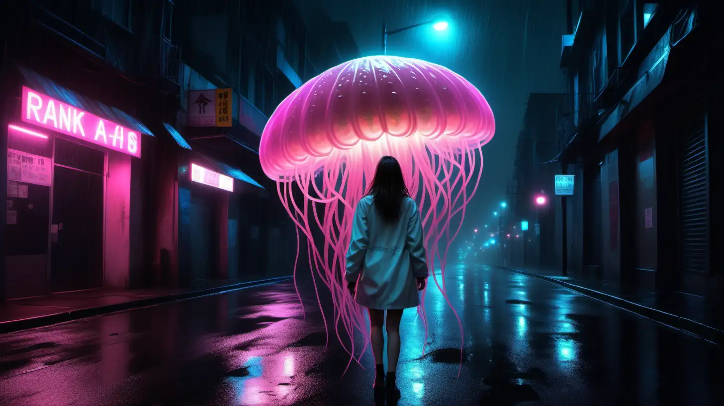 l night lights empty city street one lonely girl in white short coat follows one very big jellyfish on big distance pink neon ultra realistic back very dark mystery rainy
