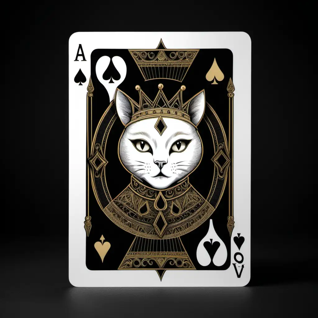 carta dama de espada dourada com detalhes pretos e brancos com a imagem do rosto de uma gata no lugar do dama de frente