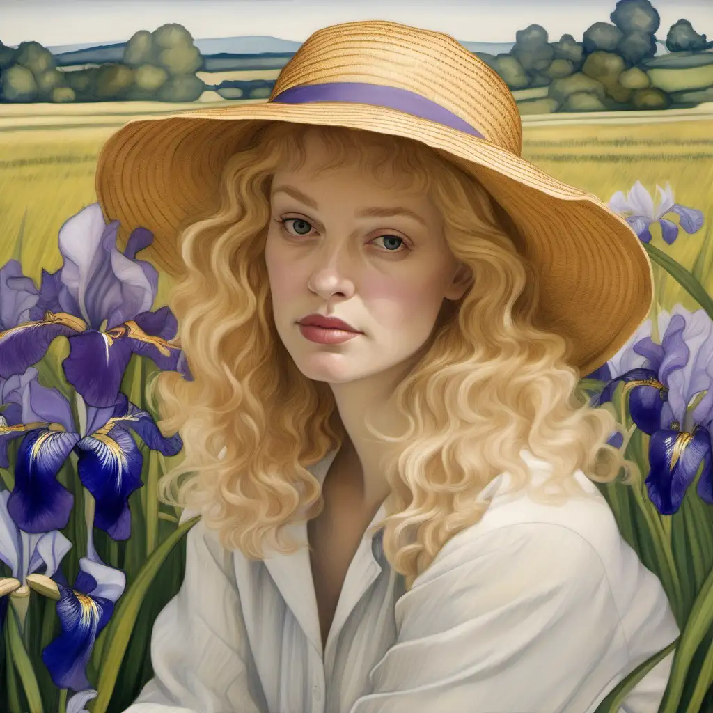 Blonde Woman with Straw Hat Surrounded by Irises Serene Portrait