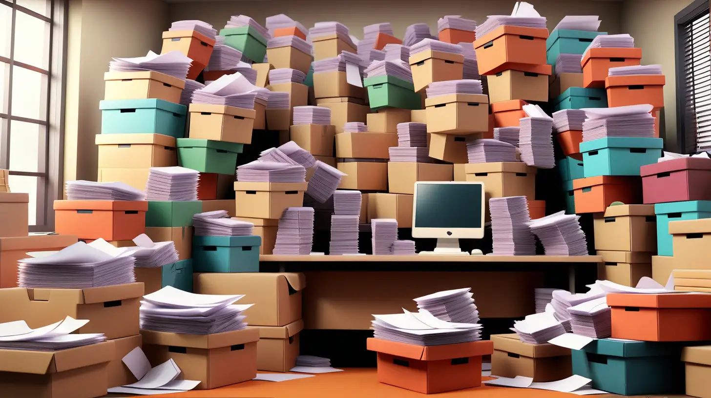 office full of shoeboxes overflowing with paper colorful pixar style no watermark