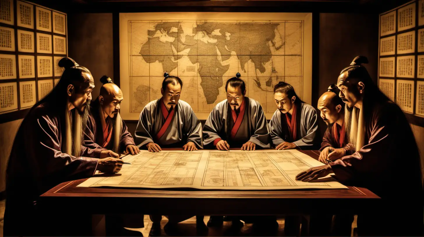 Fu Manchu and Acolytes Studying Mysterious Plans in Dimly Lit Secret Room