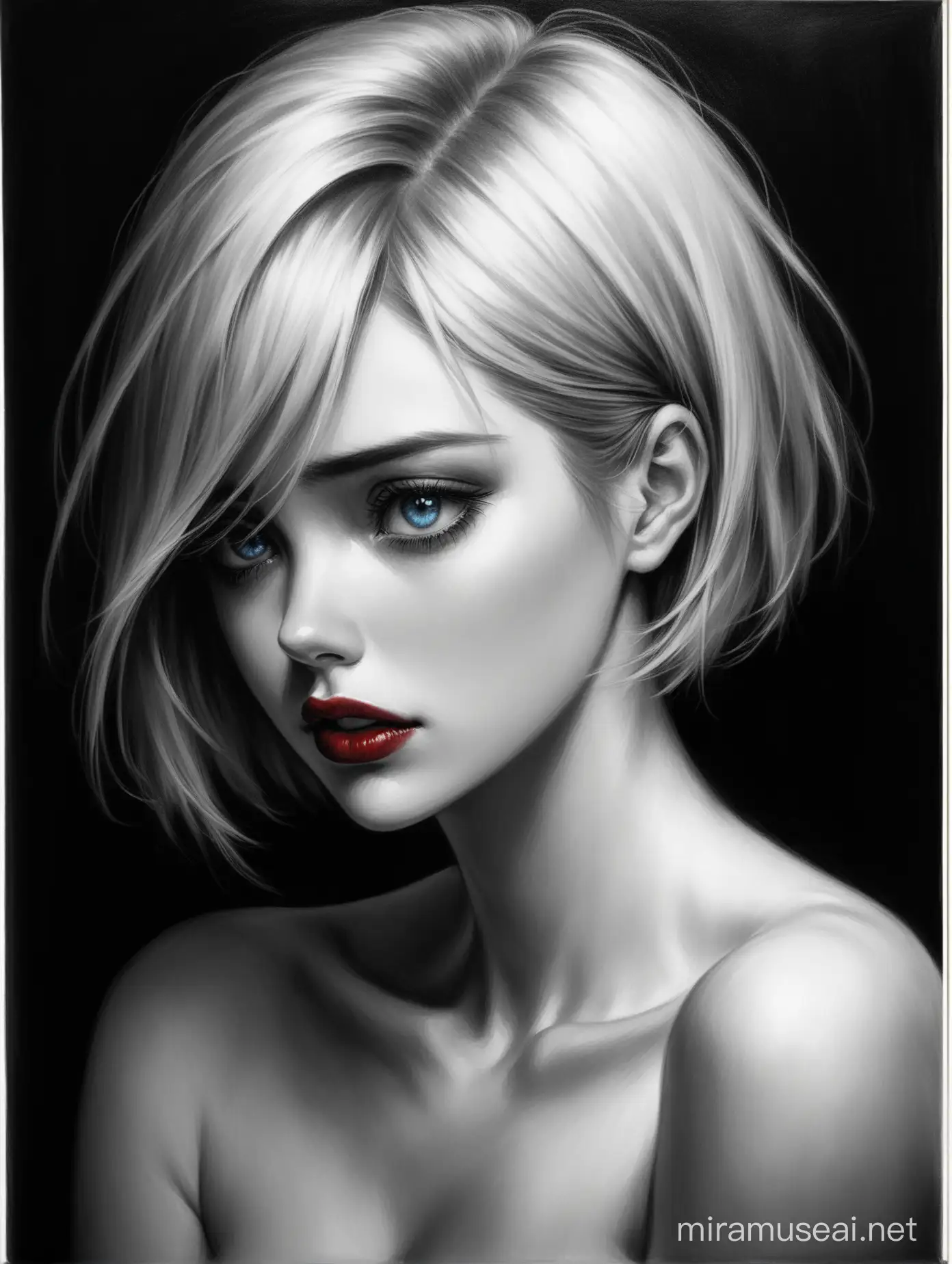  Alviision , Inside the most beautiful people are often hidden deep depression and eyes full of sadness . Charcoal painting of a woman with short hair falling over her shoulders , full red lips , . Realistic , ultra - detailed , blue eyes . Sorrow , sadness in her look, black and white, lighting
