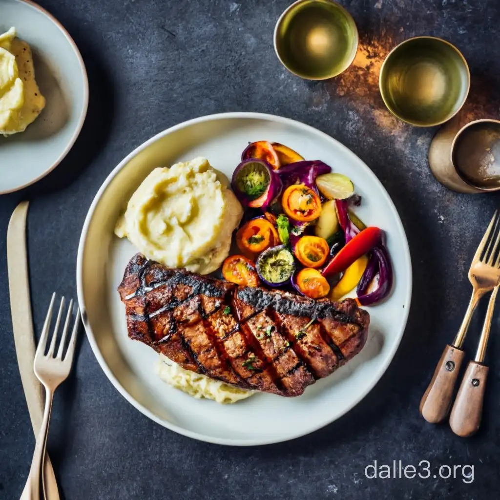 Picture a sizzling steak cooked to perfection, adorned with a golden-brown crust. Next to it, a medley of vibrant, roasted vegetables, and a mound of creamy mashed potatoes. The black background enhances the vivid colors, making the meal visually striking.