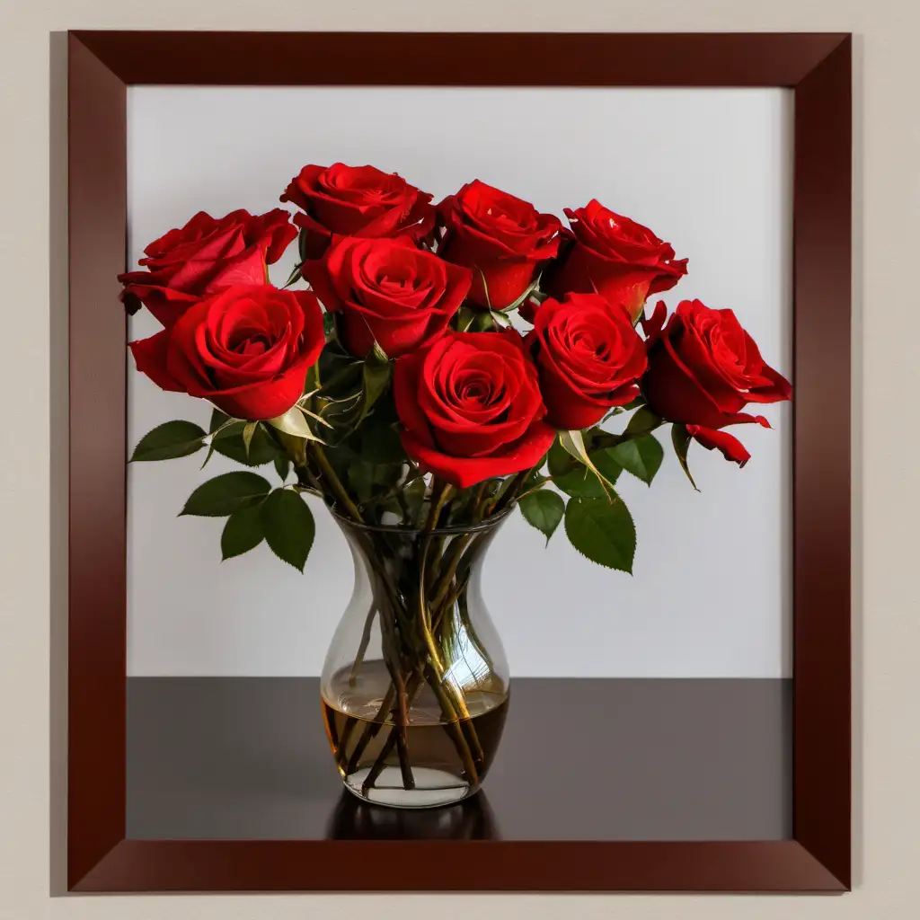 Red roses, in a vase with brown frame